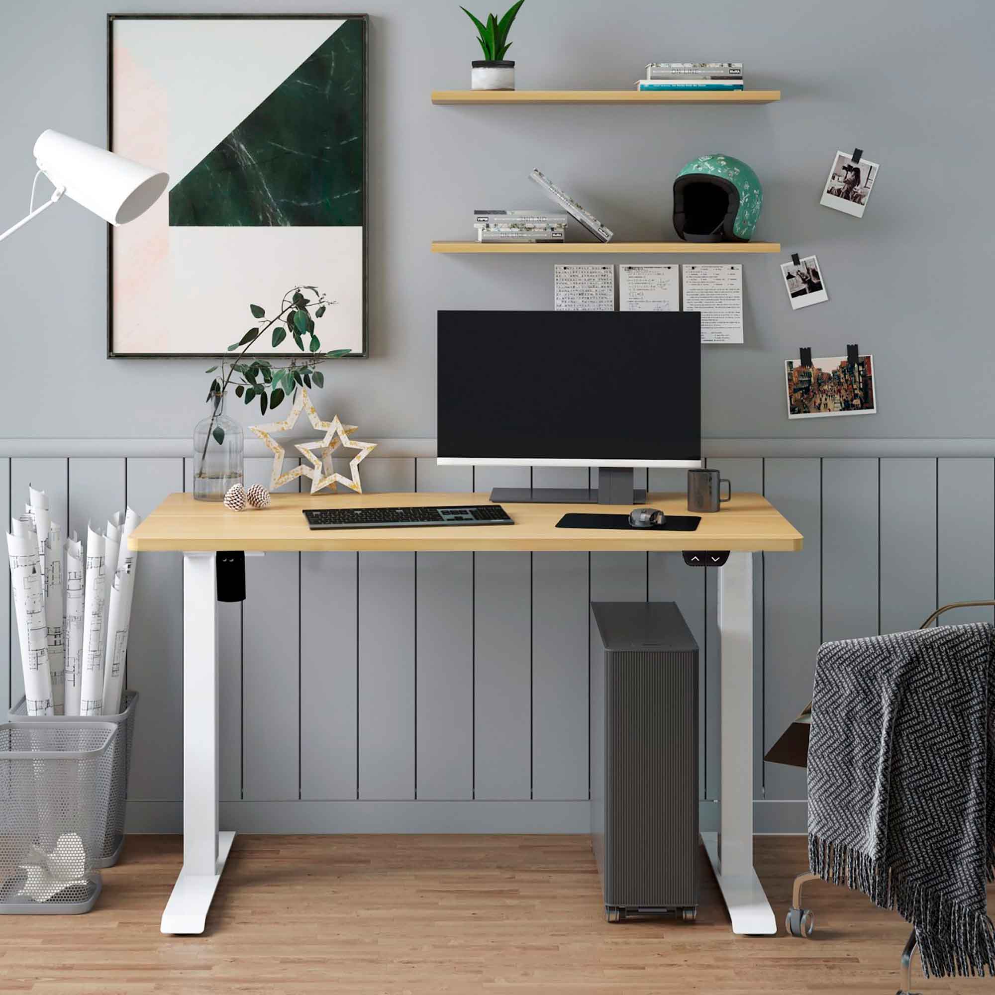 Single Motor Height Adjustable Electric Standing Desk with Solid Oak Desktop - Ergonomic Sit Stand Workstation for Home Office & Gaming Setup (Model DH68)