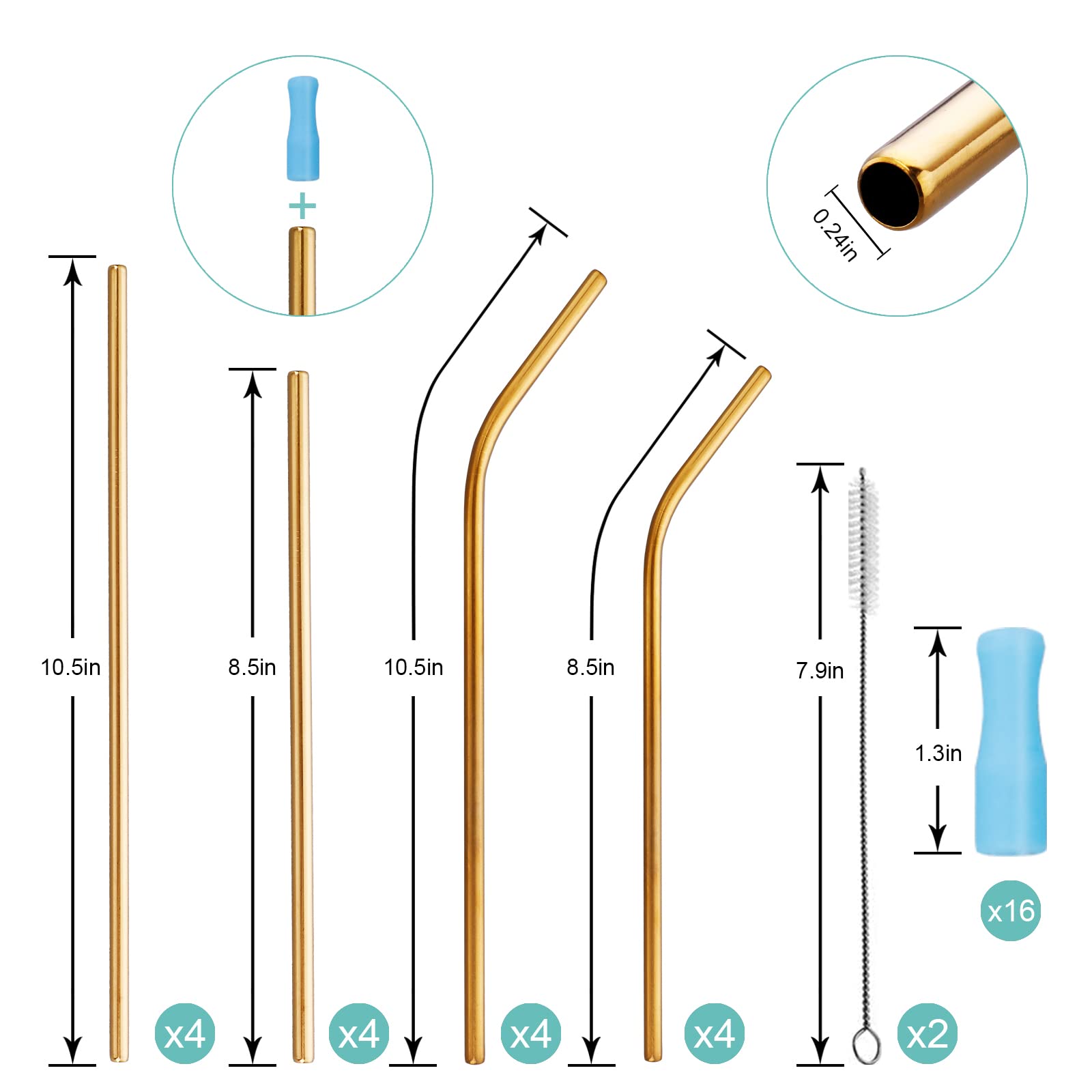 16-Pack Reusable Stainless Steel Metal Straws with Silicone Tips - Dishwasher Safe, BPA Free Drinking Straws with Cleaning Brush & Travel Case - Perfect for Smoothies, Iced Coffee, Cocktails & Home/Office Use