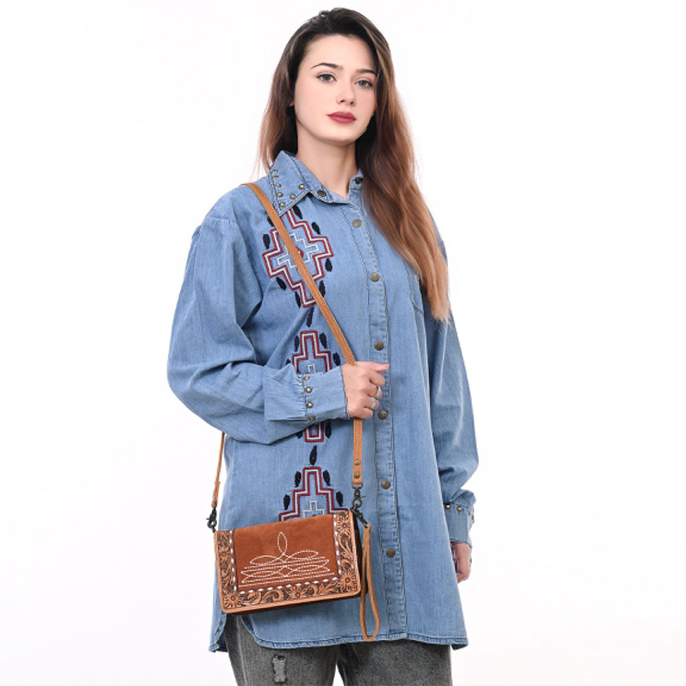 Genuine Western Leather Crossbody Bag for Women - American Darling ADBG1653 Hand-Tooled Suede Purse - Perfect for Cowgirl Style, Rodeo Events & Western Fashion Outfits