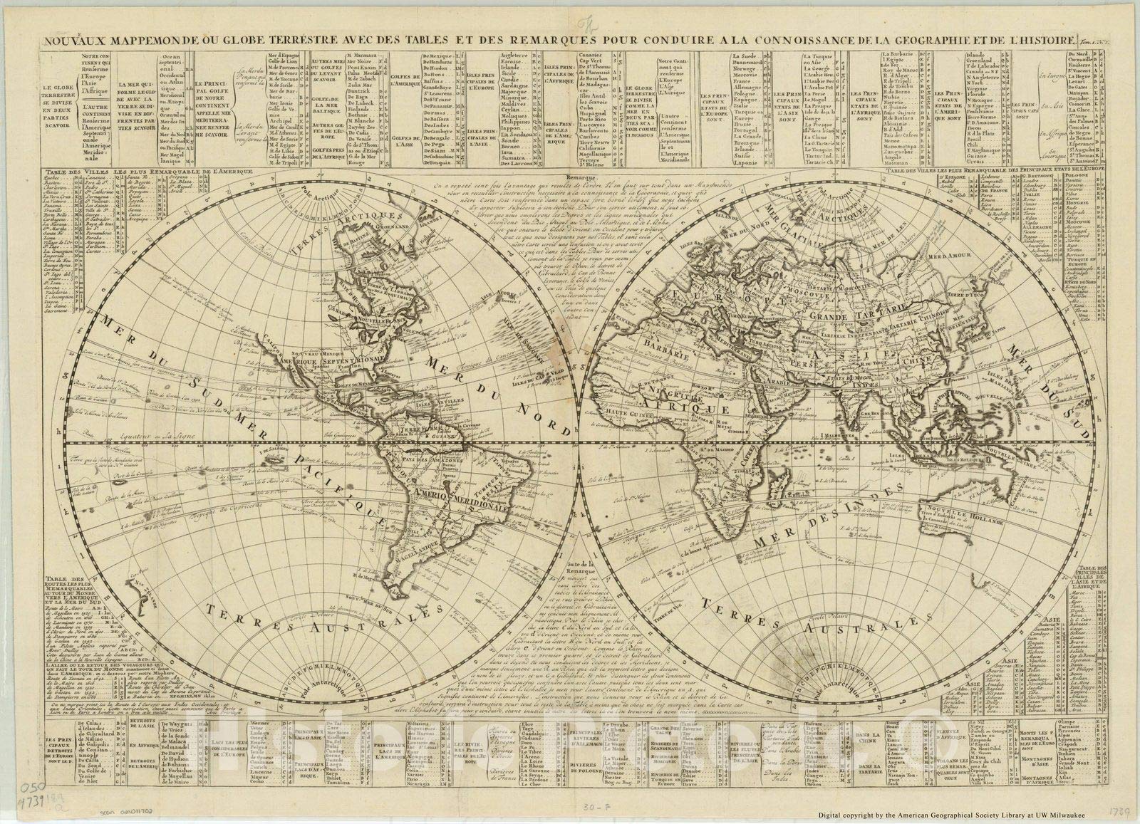 Antique 1739 World Map - Historic Nouveaux Mappemonde Terrestrial Globe with Geography Tables - 61x44 Inch Large Wall Art for Home Office & Library Decor - Perfect for Historians, Collectors & Vintage Map Enthusiasts