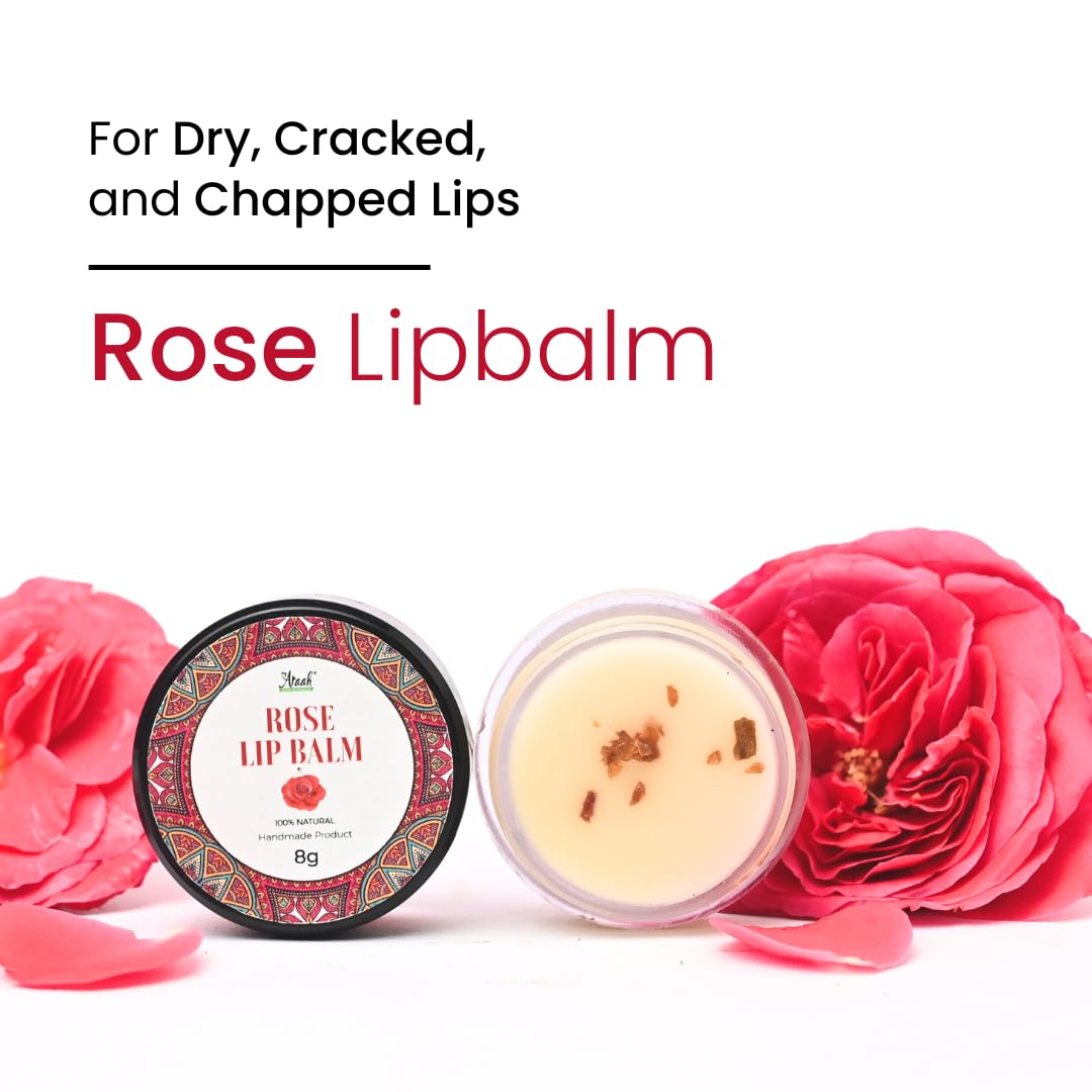 Araah Rose Lip Balm with Rose Petals, Rose Oil, Beeswax & Shea Butter – 100% Natural Moisturizing Lip Care for Dry, Chapped Lips – Softens & Smoothens – 8g – Perfect for Daily Hydration & Nighttime Lip Treatment