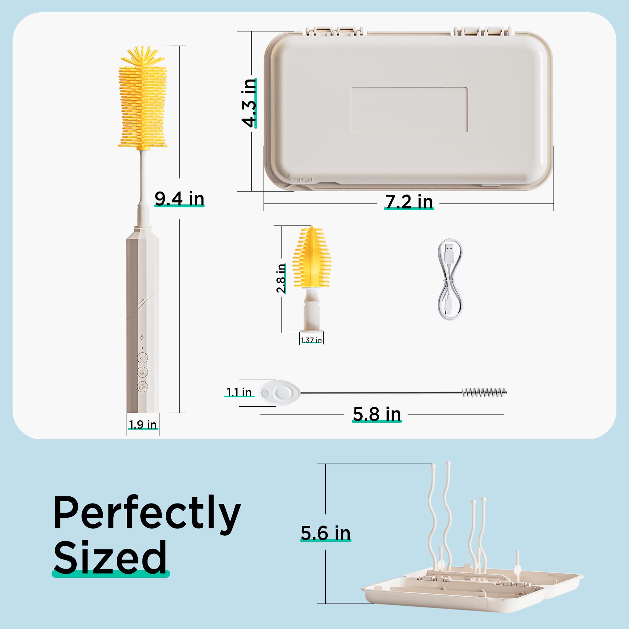 Electric Bottle Brush Cleaner - 6-in-1 Rechargeable Folding Brush Set with Silicone Brush, Nipple Brush, Straw Brush, Drying Rack & Storage Box | Baby Bottle Cleaning Kit for Travel, Home & Nursery Use