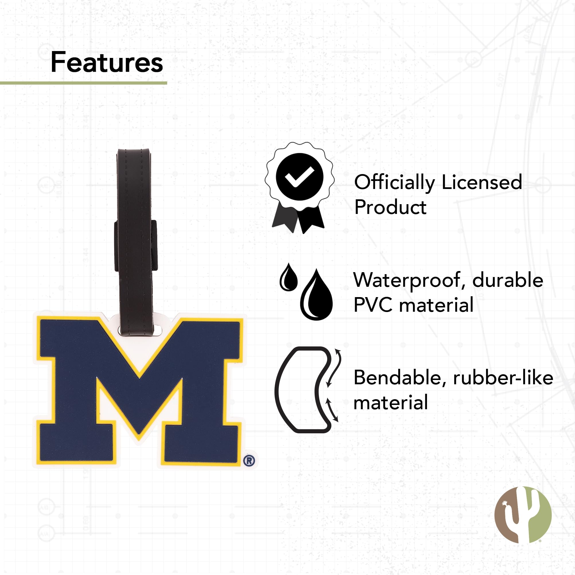 University of Michigan Wolverines Luggage Tag - Durable PVC Travel ID Label for Bags & Backpacks - Desert Cactus Design B - Perfect for College Travel & Alumni Trips