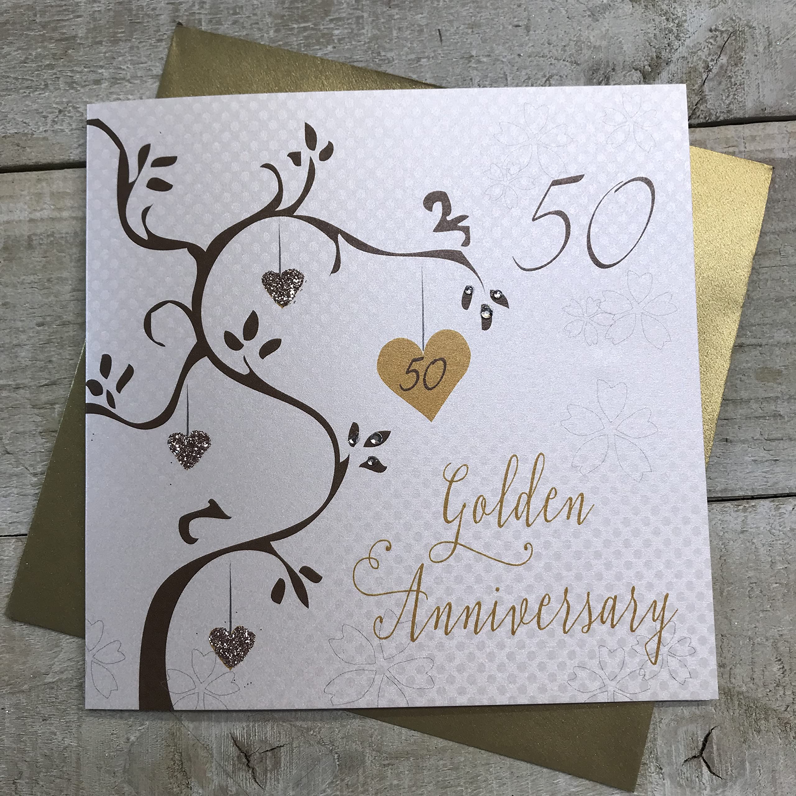 Golden Wedding Anniversary Card - Handmade 50th Anniversary Tree Greeting Card (Code AB50) - Perfect for Spouses, Couples & Golden Anniversary Celebrations