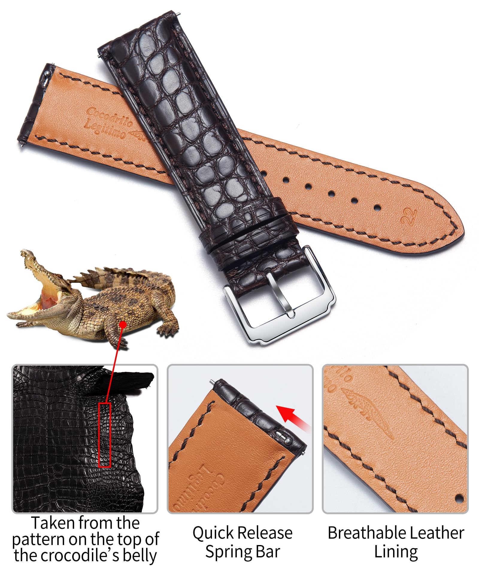 Premium Alligator Grain Leather Watch Bands for Men & Women - Handmade Crocodile Pattern Quick Release Replacement Straps - Genuine Leather Watchband with Stainless Steel Buckle (Black/Brown) - Perfect for Dress Watches, Business Attire & Formal Occasions