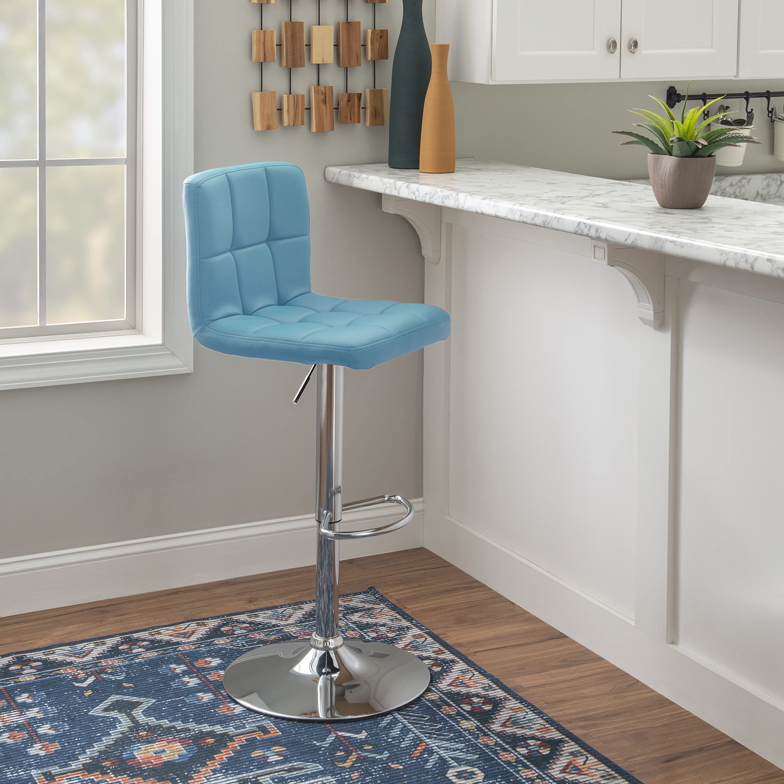 Powell Clayton Adjustable Bar Stool - Teal Faux Leather & Chrome Metal Finish - Modern Kitchen Island, Breakfast Nook & Home Bar Seating