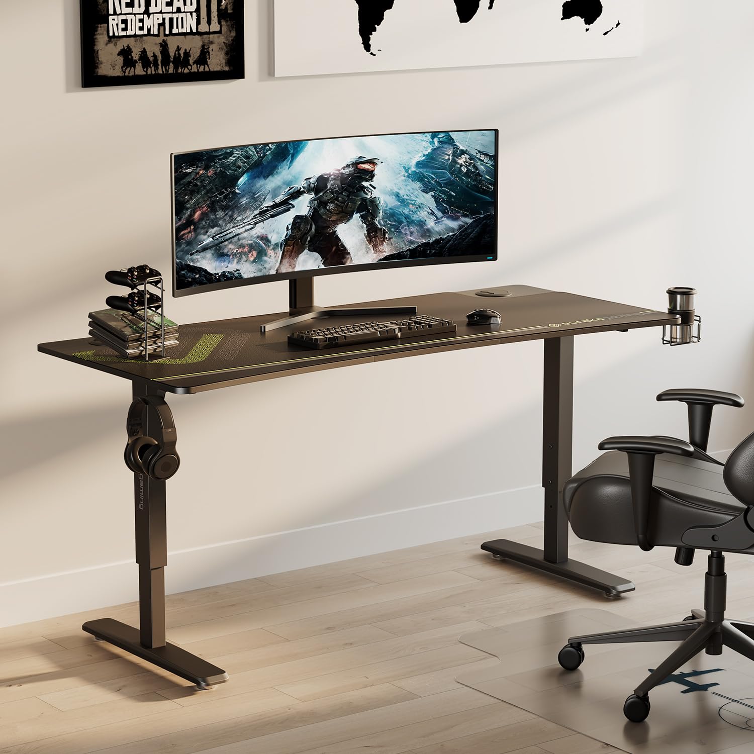 EUREKA ERGONOMIC 63 Inch Height Adjustable Gaming Standing Desk - Manual Mechanical Lift, Large Home Office Desk with Curved Edge, Dual Monitor & Controller Stand - Perfect for PC Gaming, Work from Home & Ergonomic Workspace Setup