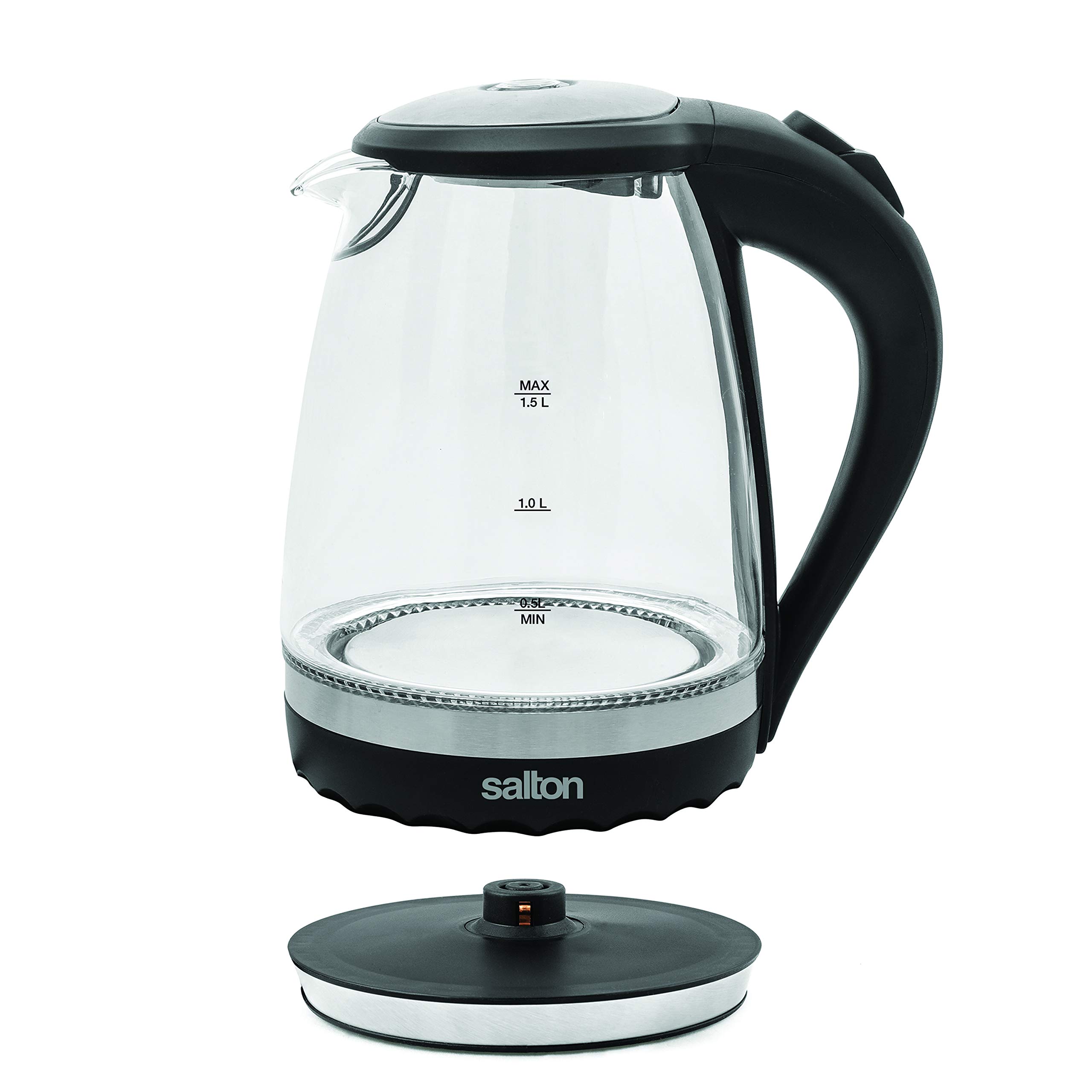 Salton GK1831 Cordless Electric Glass Kettle - 1.5L/Quart Water Boiler & Tea Heater with Auto Shut-Off, Boil-Dry Protection & Soft Blue LED Light - 1100W Fast Heating for Coffee, Tea & Instant Meals - Perfect for Home, Office & Dorm Use