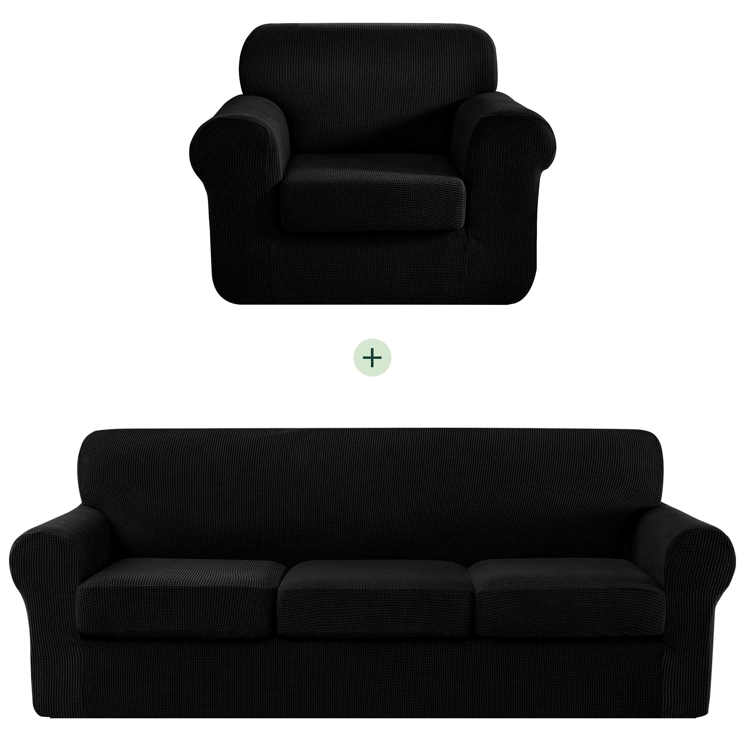 CHUN YI Stretch Sofa Slipcover Set - Universal Fit for 1-3 Seater Couches & Armchairs, Soft Spandex Fabric Couch Cover with Separate Cushion Covers (Black) - Perfect for Living Room, Family Room & Home Decor Protection