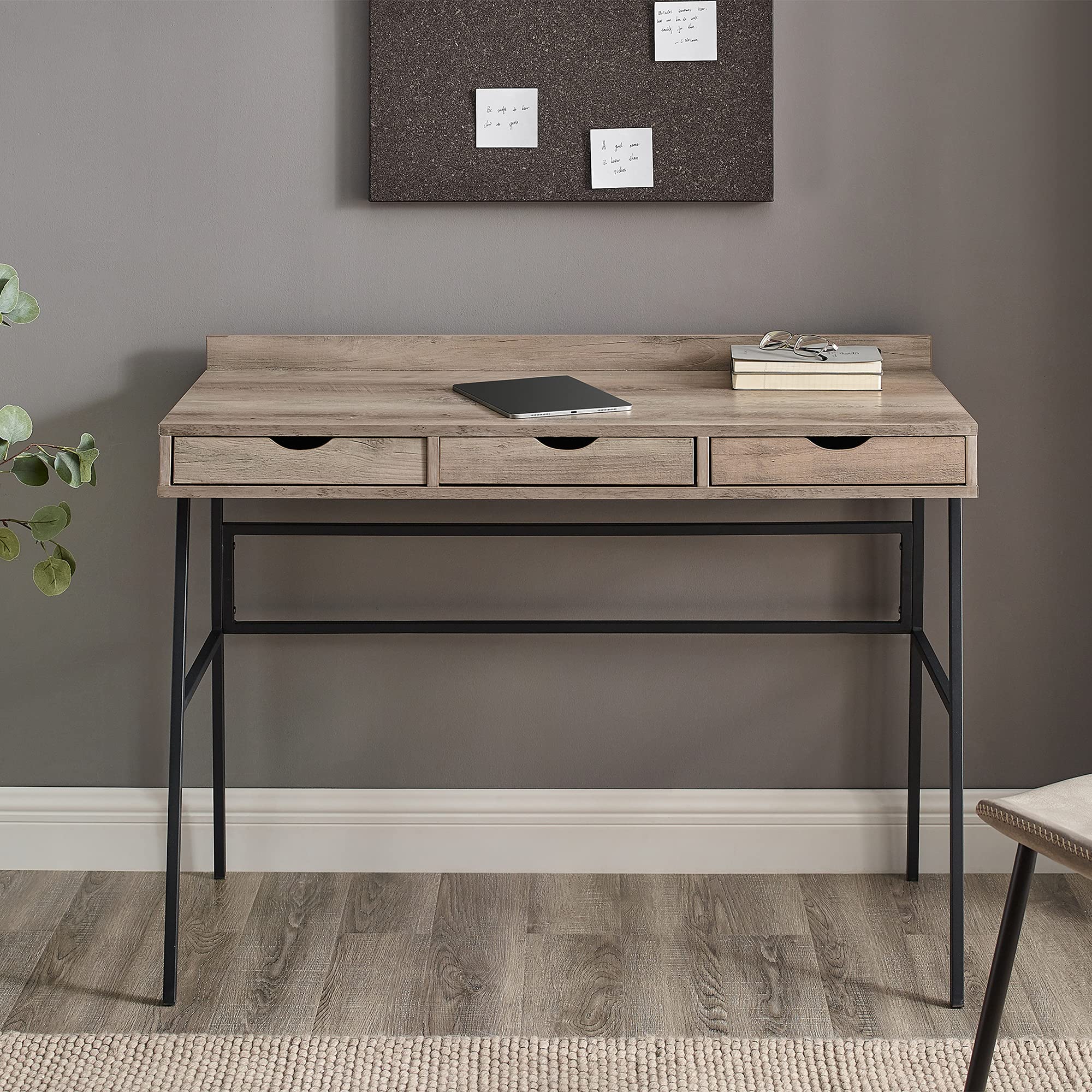 Melvin 42 Inch 3-Drawer Angled Front Desk - Grey Wash Finish | Modern Office Furniture for Home & Small Business Workspace
