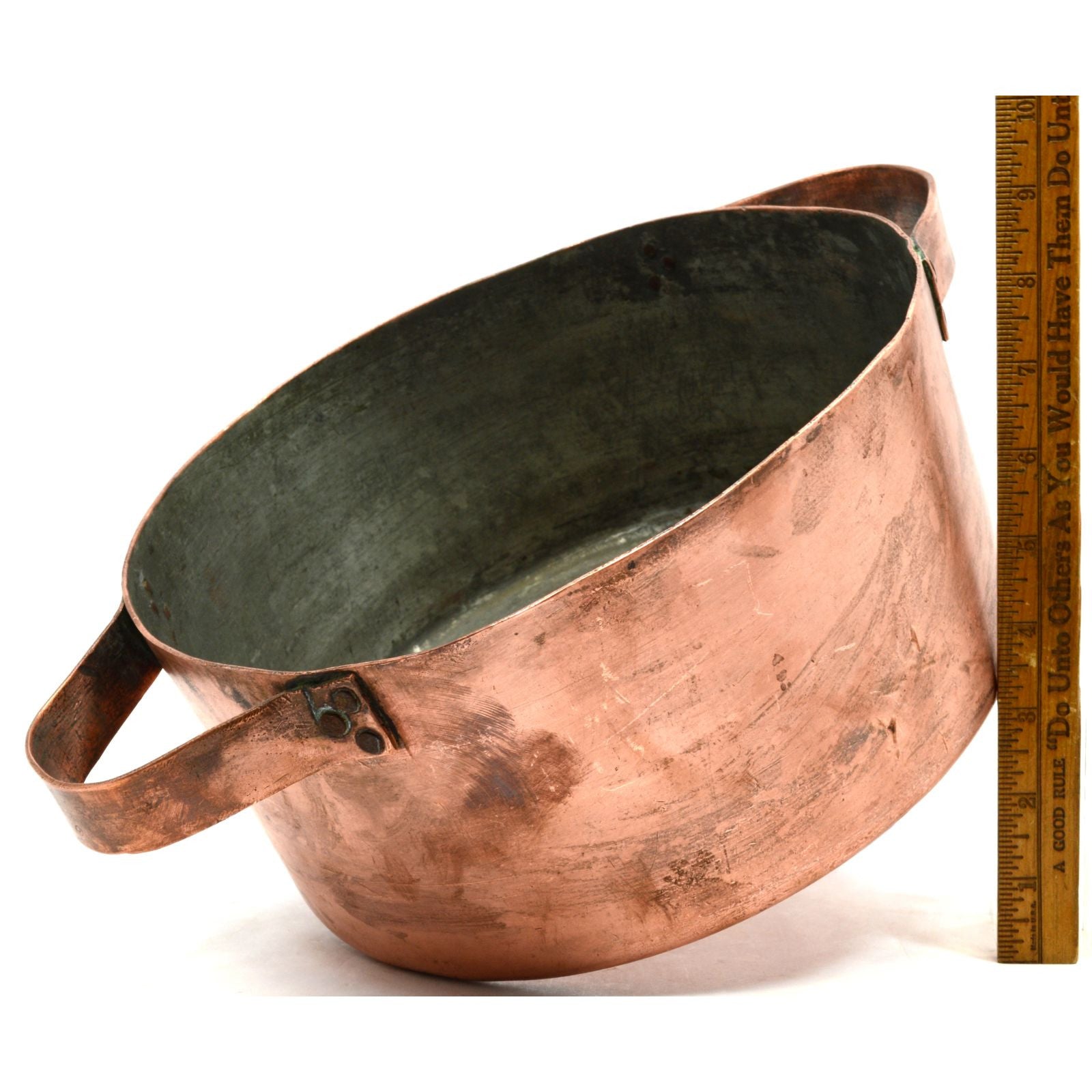 Vintage 6.5 Quart Copper Casserole Pot with Double Handles - Heavy Duty Primitive Cooking Bowl for Rustic Kitchens & Farmhouse Style Cooking