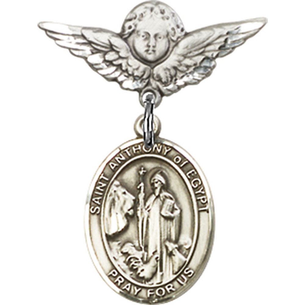 St. Anthony of Egypt Sterling Silver Baby Badge with Angel Wing Charm - 7/8 X 3/4 Inch Religious Pin for Baptism, Christening & First Communion Gifts