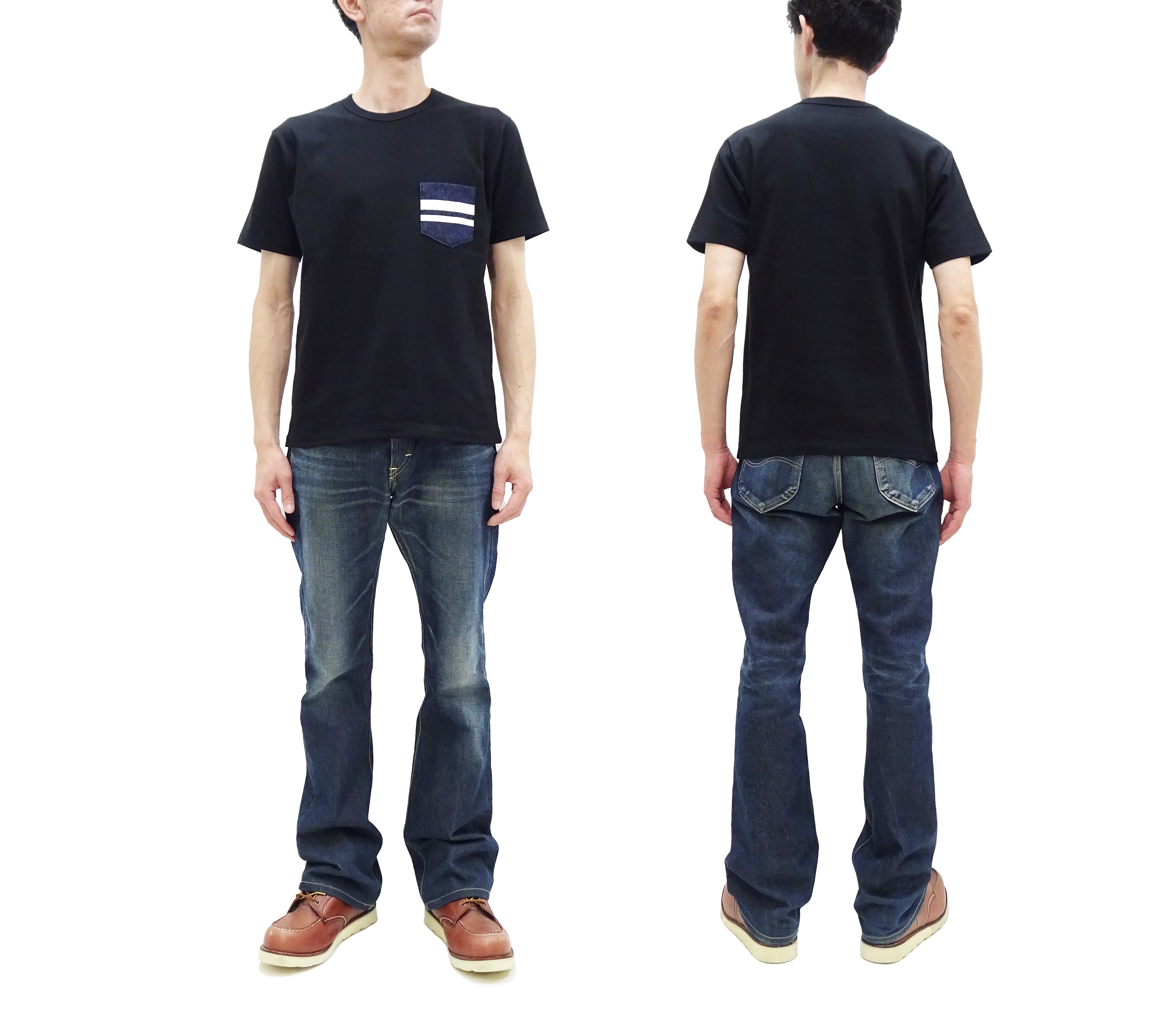 Momotaro Jeans Men's Casual Short Sleeve Pocket T-Shirt with GTB Striped Denim Detail - Black MZTS0003 | Perfect for Everyday Wear, Street Style & Casual Outfits