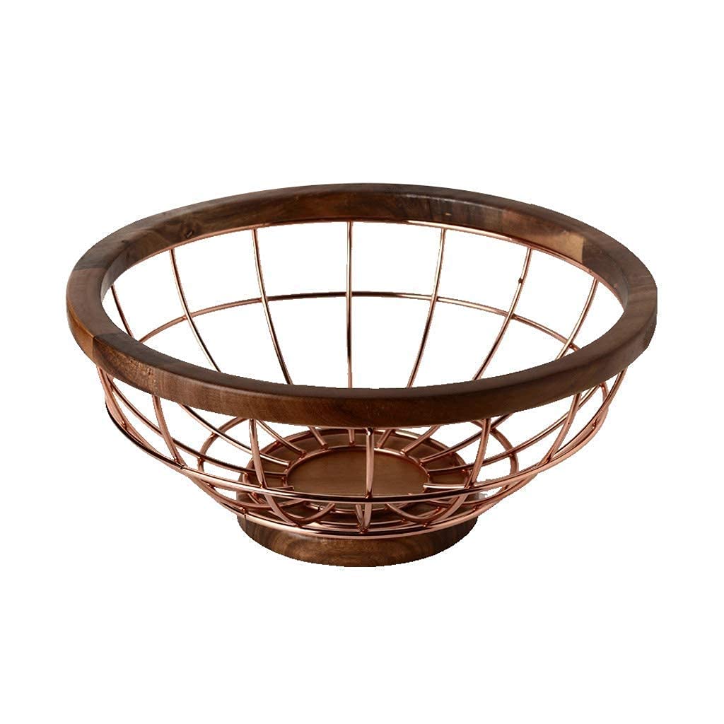 Modern Metal Wire Fruit Bowl with Wooden Base - Extra Large Snack & Nut Storage Basket for Living Room, Kitchen, Dining Table - YYAI-HHJU Fruit Plate for Fruits, Cakes, Party Serving & Home Decor