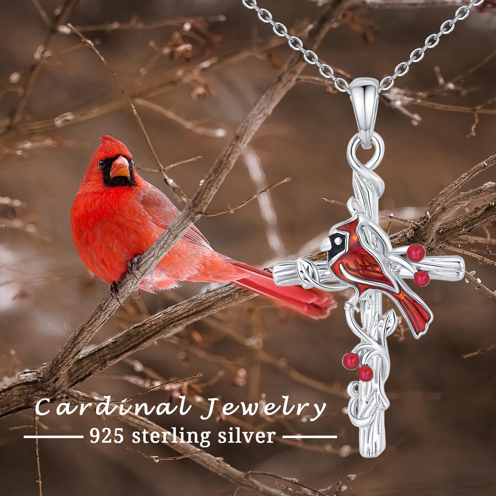Cardinal Necklace for Women - 925 Sterling Silver Cross Pendant with Red Bird Charm | Sympathy Gift & Animal Jewelry | Perfect for Memorials, Birthdays & Everyday Wear