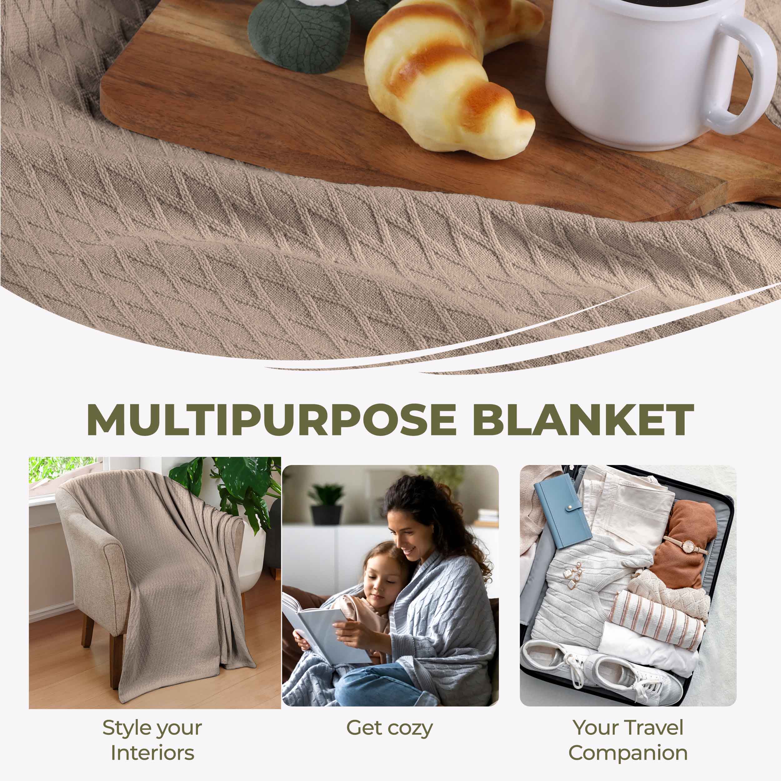 Premium Cotton All-Season Diamond Pattern Bed Blanket & Sofa Throw - Soft Cozy Blanket for Bedroom, Living Room, Travel and Gift Giving