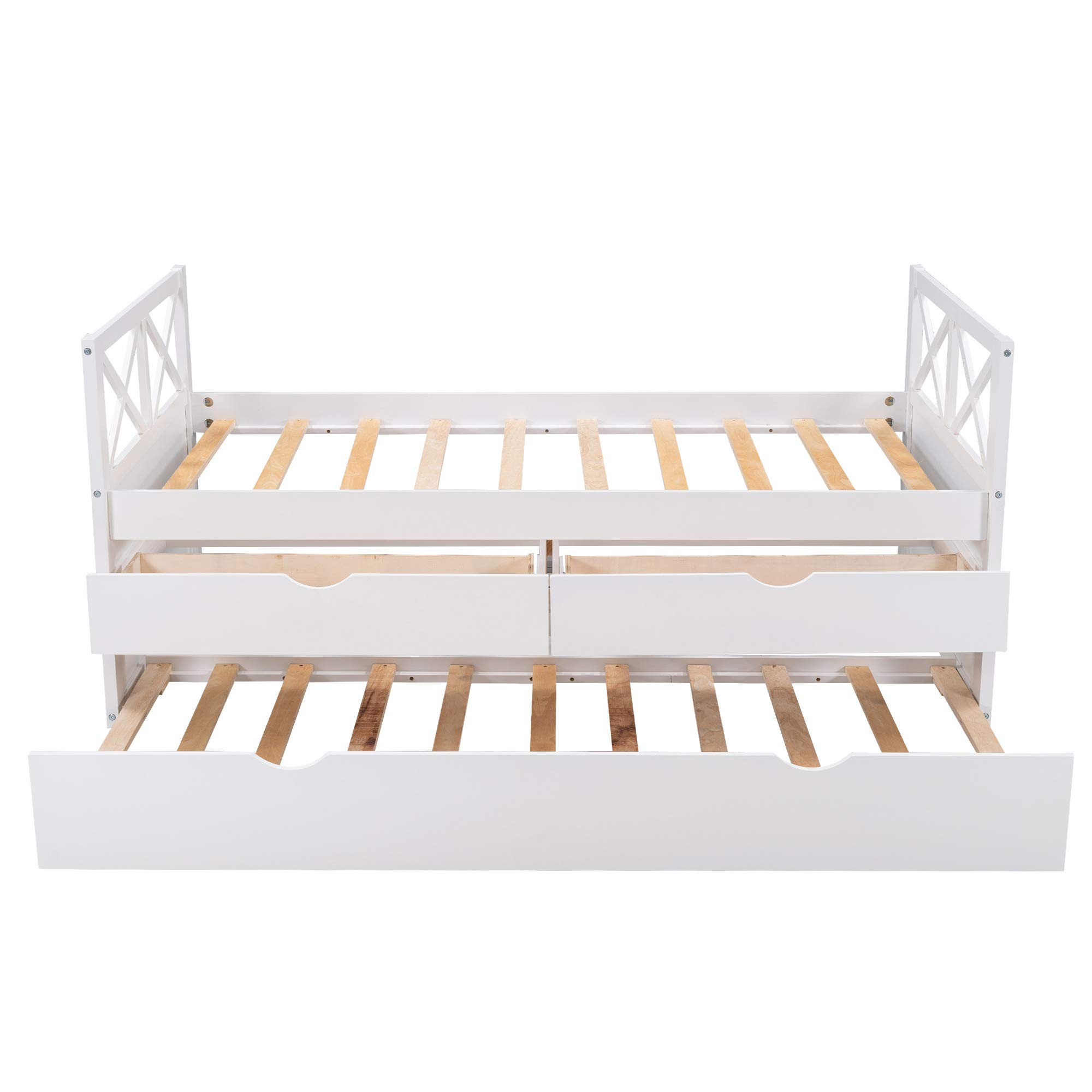 White Wood DayBed with 2 Drawers & Trundle - Solid Wood Slat Support for Kids, Boys & Girls - No Box Spring Needed - Perfect for Guest Rooms, Kids' Bedrooms & Small Spaces