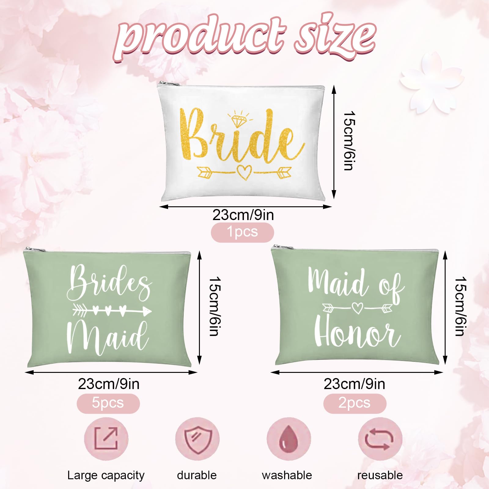 Whaline 8Pcs Bridesmaid Makeup Bags - Sage Green Cosmetic Organizer with Zipper for Wedding, Bridal Shower & Party Favors - Perfect Gift for Maid of Honor, Bachelorette & Women's Travel Essentials