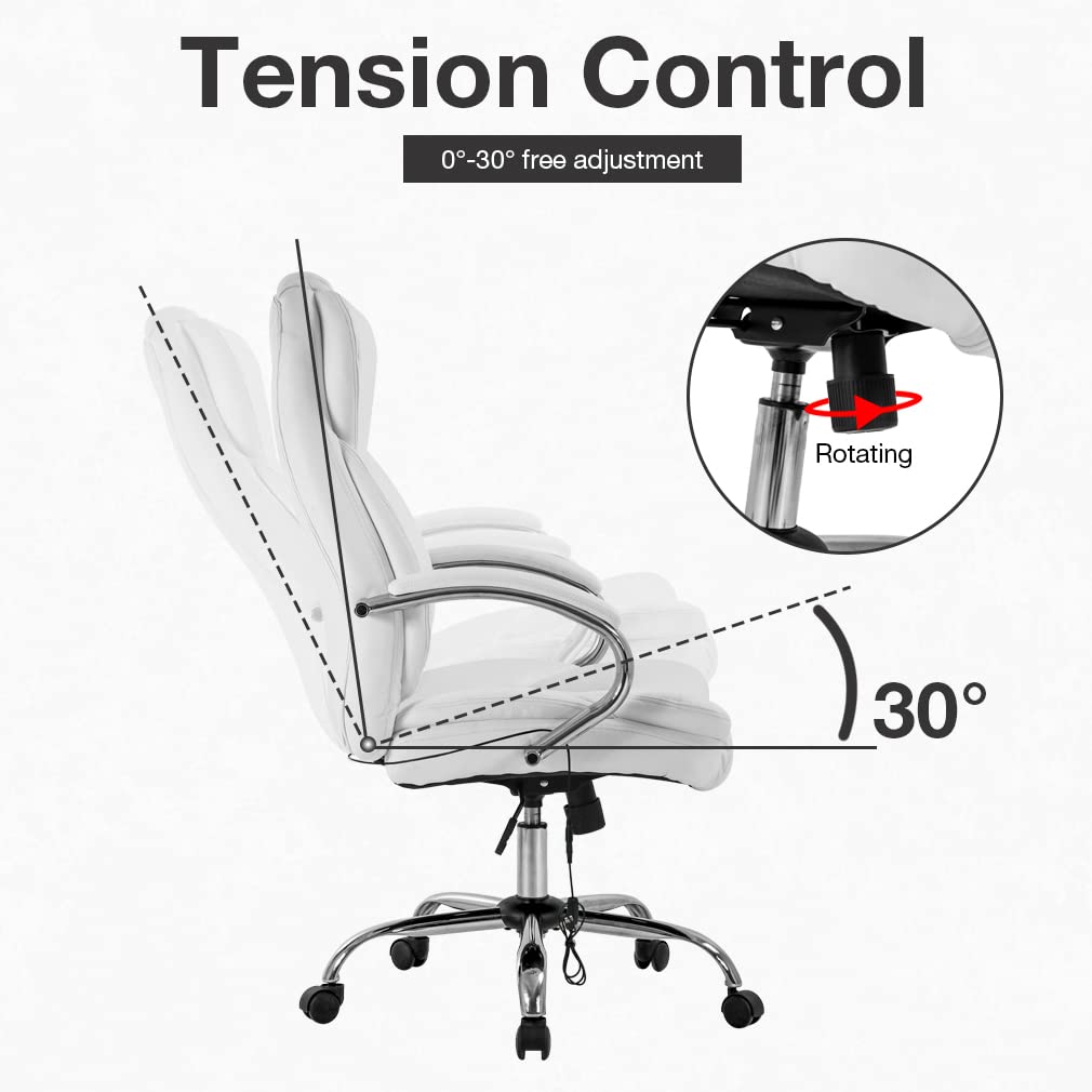 Adjustable High Back Ergonomic Office Chair with PU Leather & Lumbar Support - Executive Computer Task Chair with Massage & Swivel Wheels for Home Office - Perfect for Long Work Hours & Video Conferencing (White)