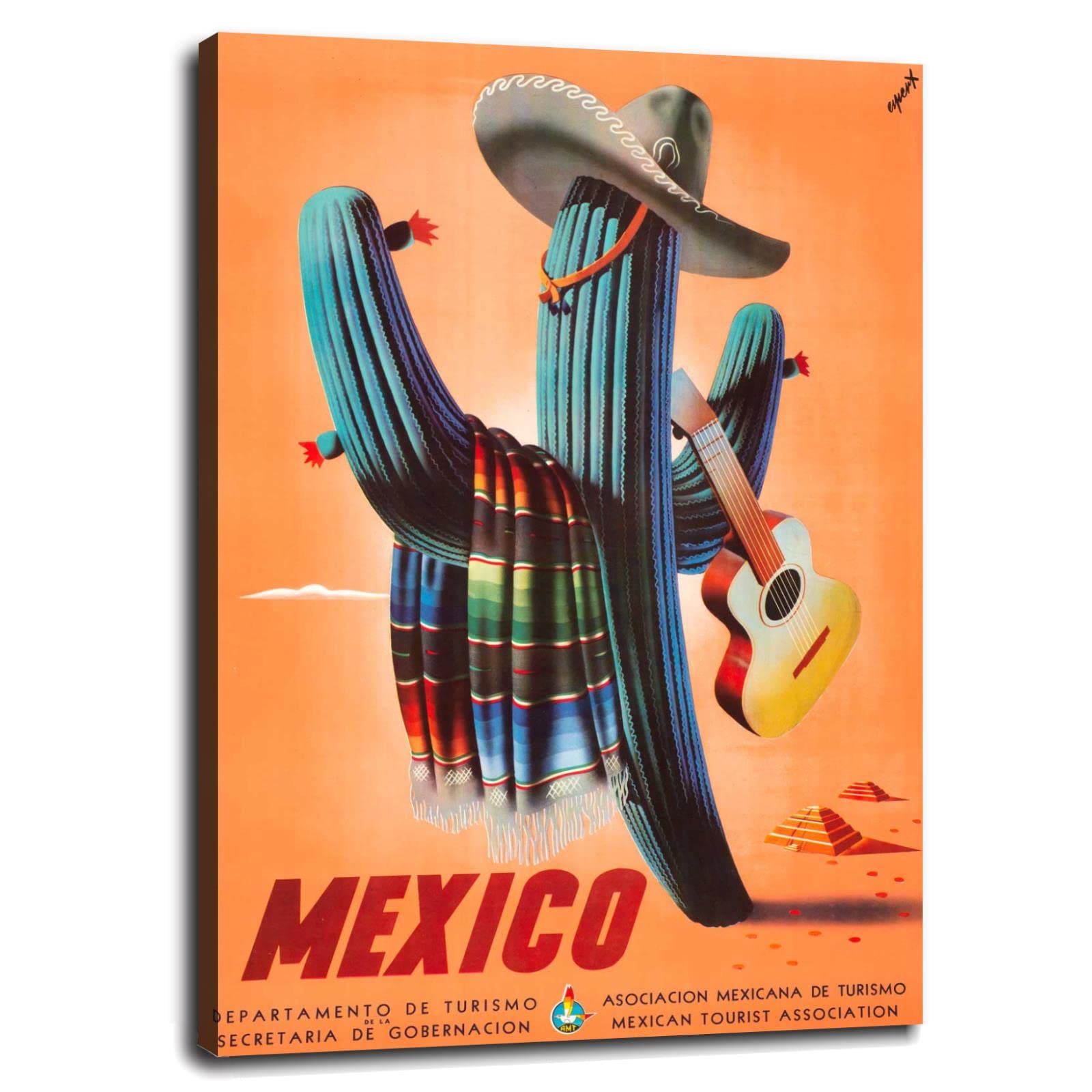 Mexico Cactus Wearing Sombrero Canvas Wall Art Print - 32x24 Inch Framed Desert Decor for Living Room, Office & Southwest Style Home Decor