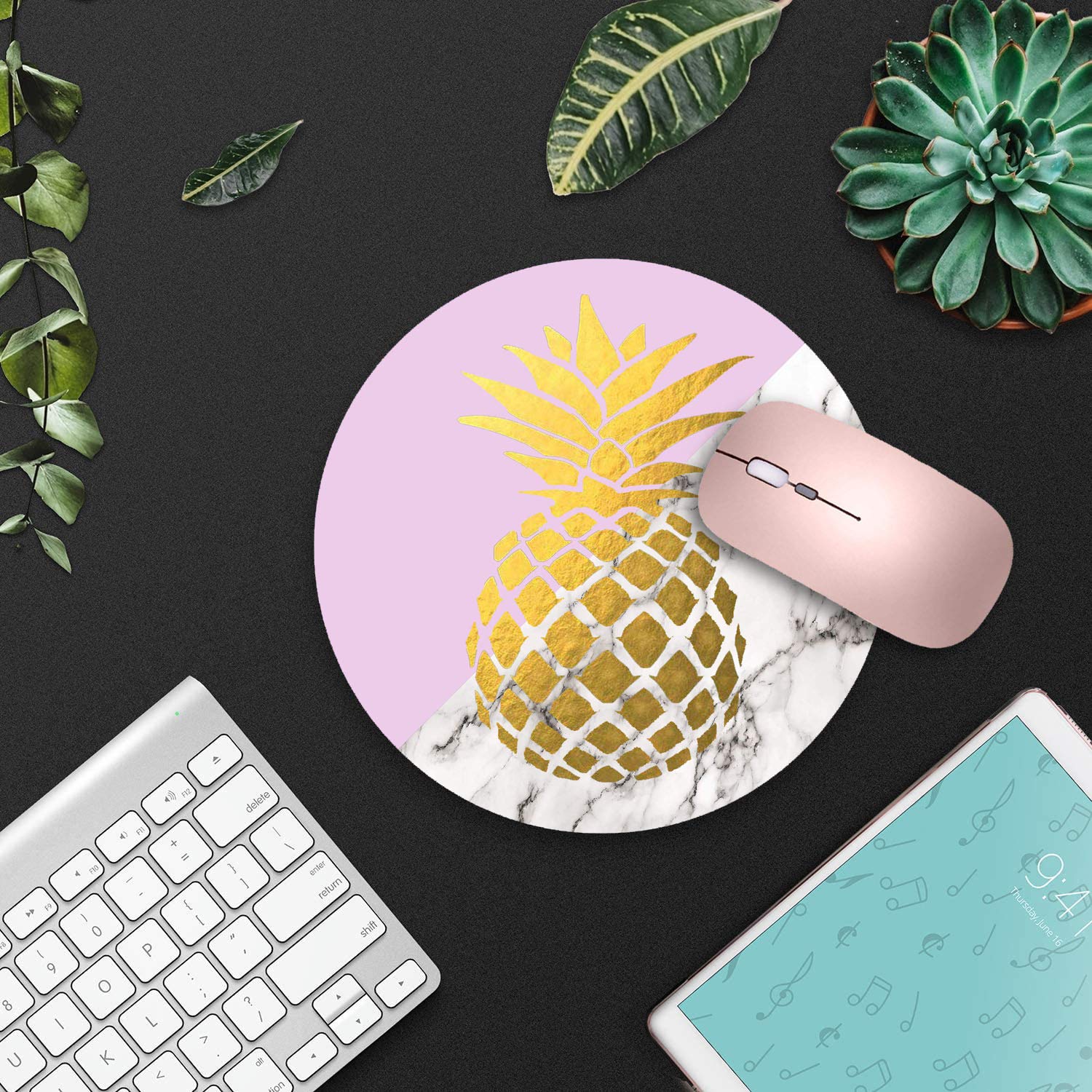 Pineapple Design Non-Slip Round Mouse Pad with Coasters Set - Rubber Computer Mousepad for Office & Home Desk Accessories - Perfect for Laptop, PC Workstations & Gaming Setup