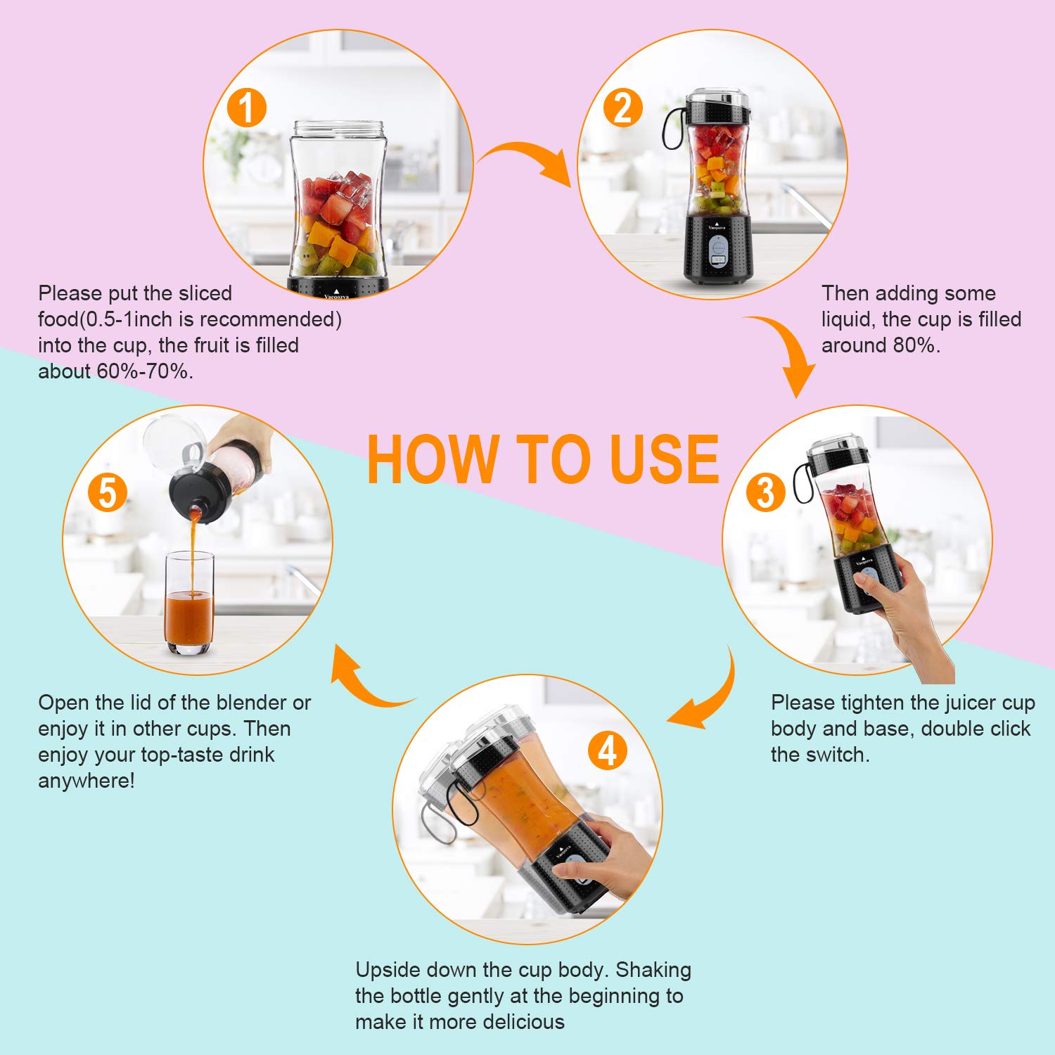 Vaeqozva Portable Blender USB Rechargeable - 12.8 Oz Mini Personal Blender for Smoothies, Juices, Protein Shakes & Milk Shakes - Perfect for Home, Office, Gym & Travel - Compact & Powerful Blending On The Go