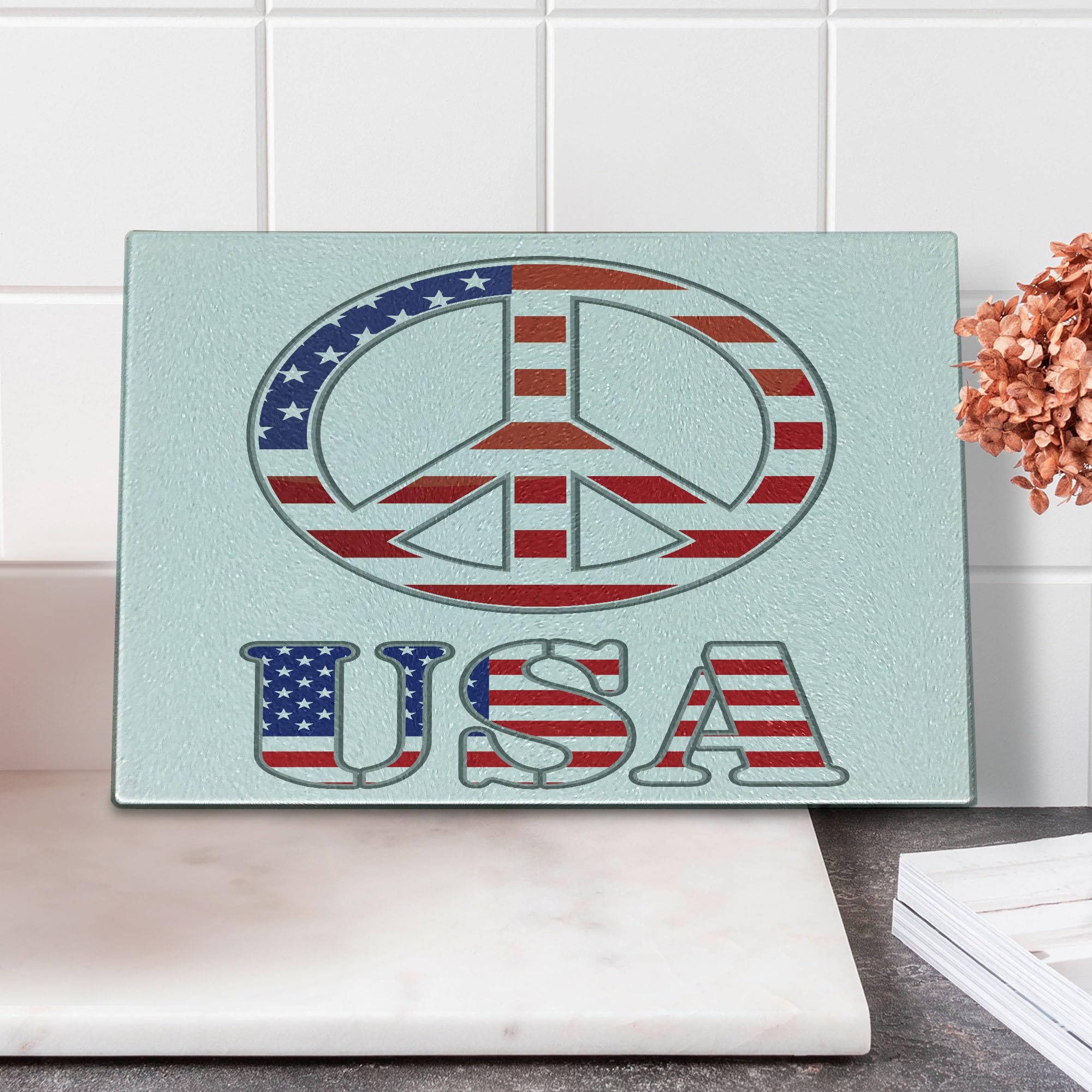 Ambesonne Modern Peace Sign USA Flag Color Tempered Glass Cutting Board - Hippie Freedom Pacifist Theme, Decorative Serving Board for Kitchen, Small Size Violet Blue White - Perfect for Entertaining, Food Prep & Kitchen Decor