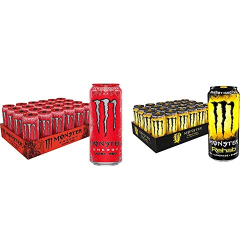 Monster Energy Ultra Red Sugar Free Energy Drink 16oz (24 Pack) & Monster Rehab Tea Lemonade Energy Iced Tea 15.5oz (24 Pack) - Perfect for Workouts, Gaming, and All-Day Energy Boost