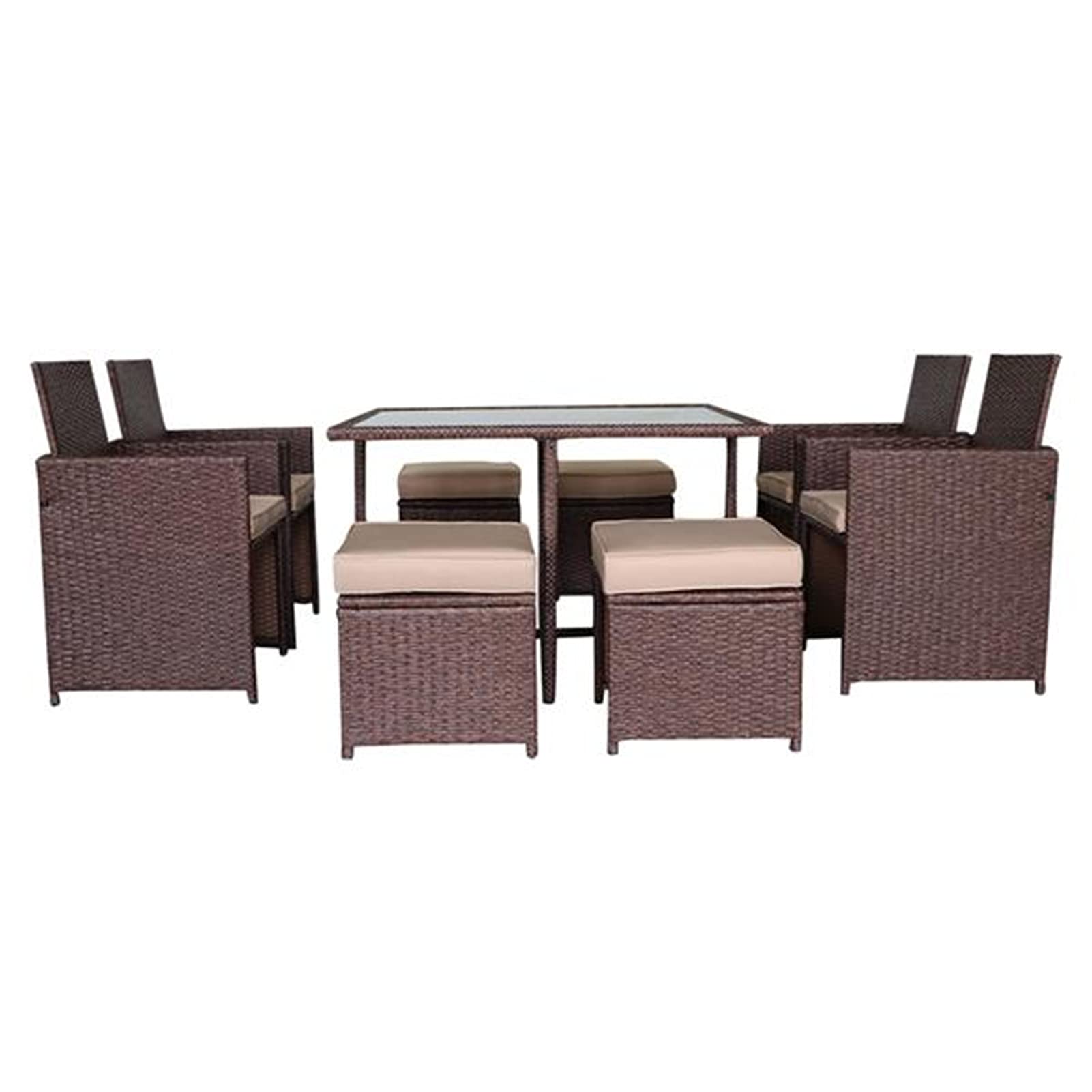 9-Piece Wood Grain PE Wicker Rattan Dining Ottoman Set with Tempered Glass Table - Khaki Patio Furniture for Outdoor Dining, Lounge & Garden Decor