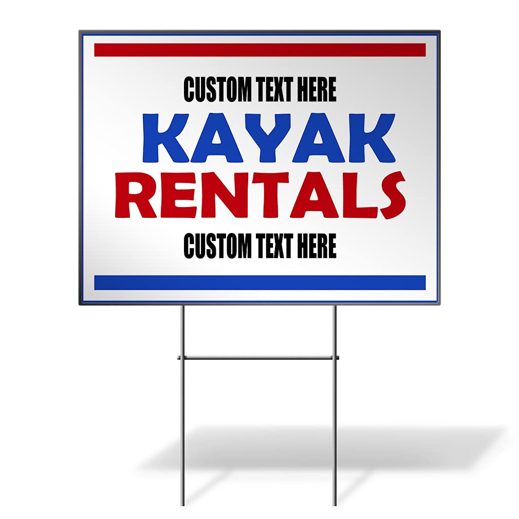 Custom Weatherproof Yard Sign Rentals - 18x12 Inches Double-Sided Print - Personalized Text for Kayak, Red & Blue - Perfect for Lawn, Garden, Events & Outdoor Advertising