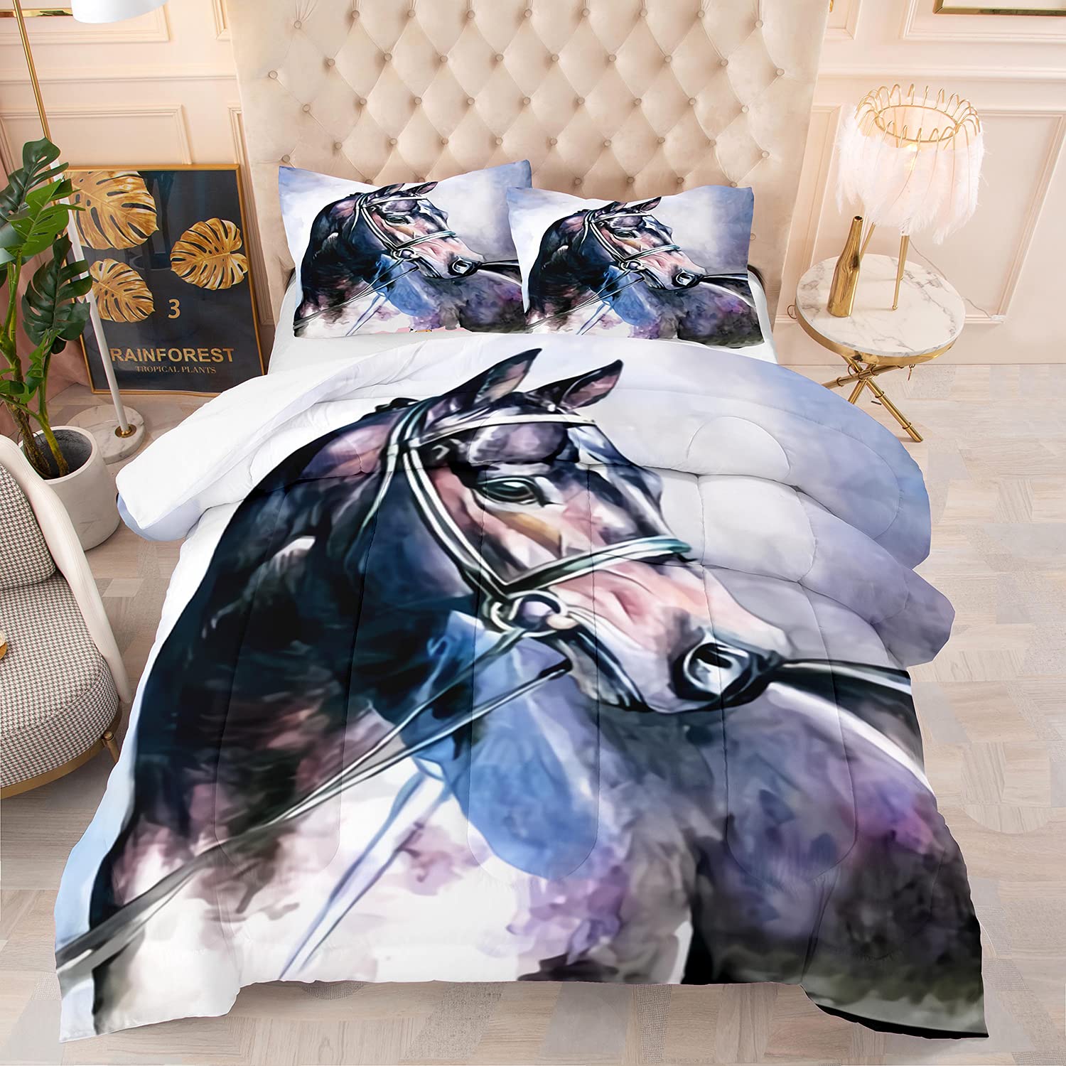 3D Watercolor Wild Horse Comforter Set Full Size - 3 Piece Bedding Set with 1 Comforter & 2 Pillow Shams for Western, Ranch or Animal Lover's Bedroom Decor