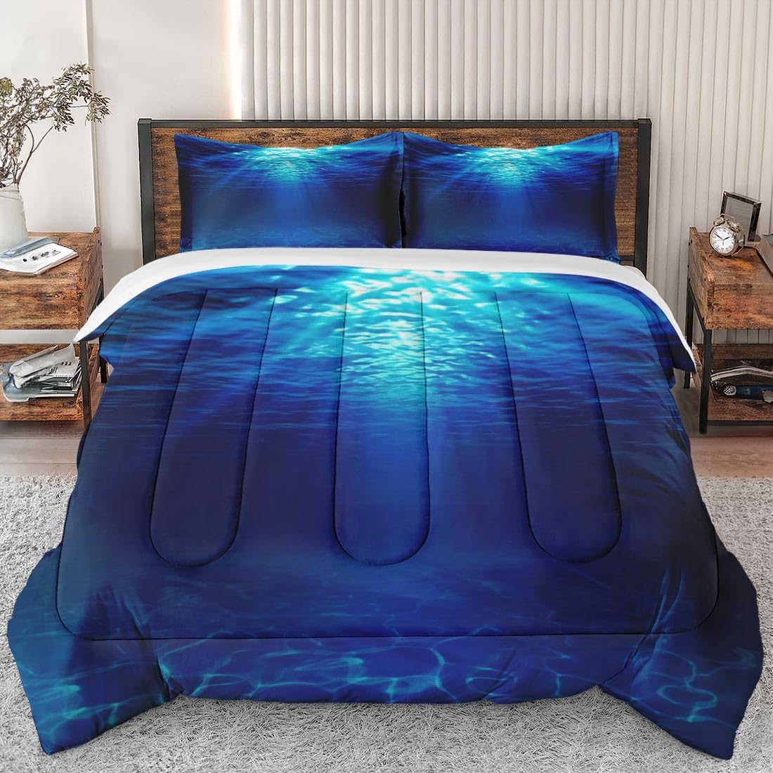 Queen Size Comforter Set - Soft Underwater Ocean Blue Bedding for Kids & Adults | Includes 2 Pillowcases | Perfect for Bedroom Decor & Coastal Themed Rooms