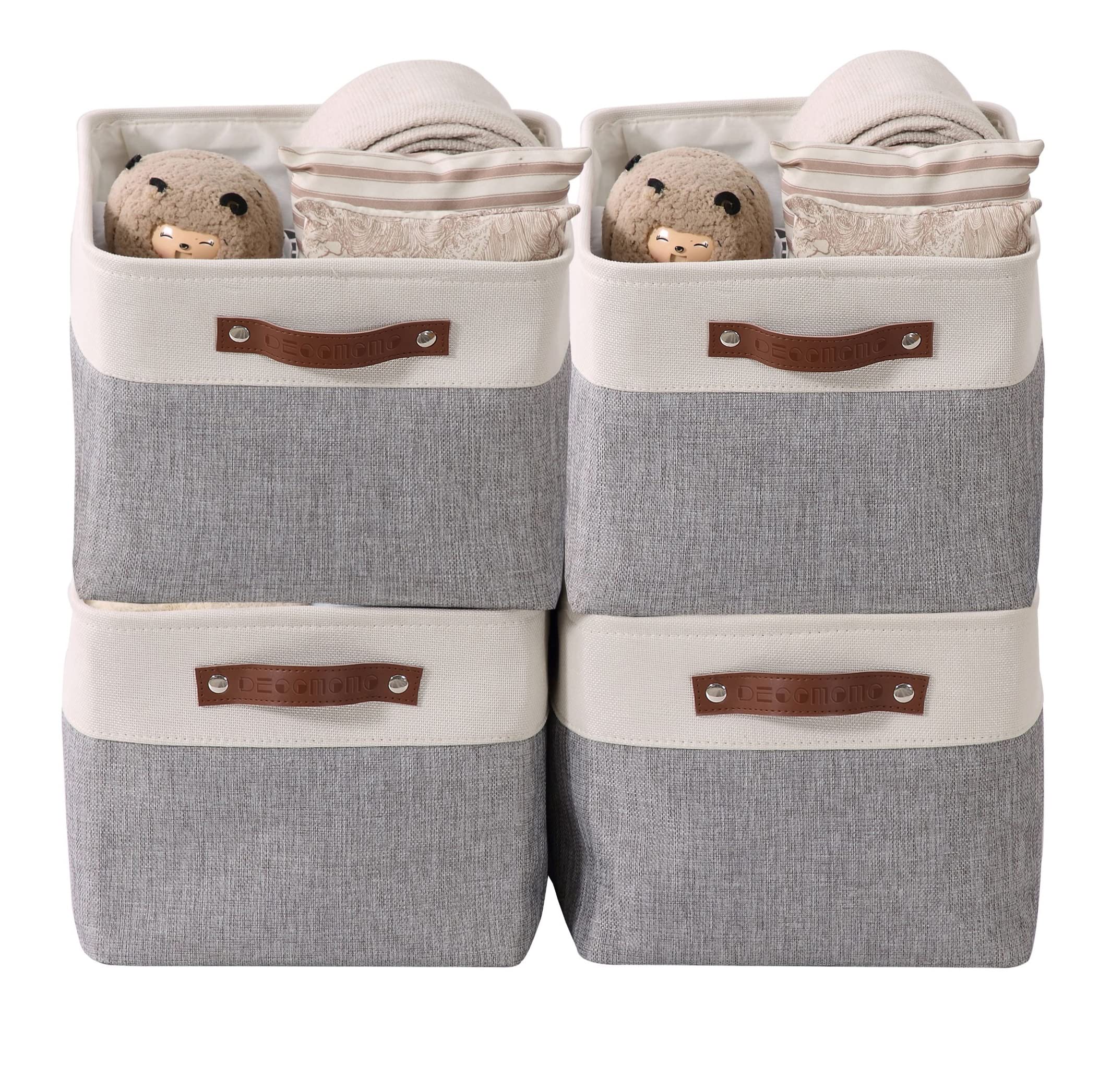 DECOMOMO Fabric Storage Bins - Large 4-Pack Grey & White Storage Baskets for Shelves, Closet Organization, Nursery, Toys | Perfect for Home, Office, Kids Room & Playroom Storage Solutions
