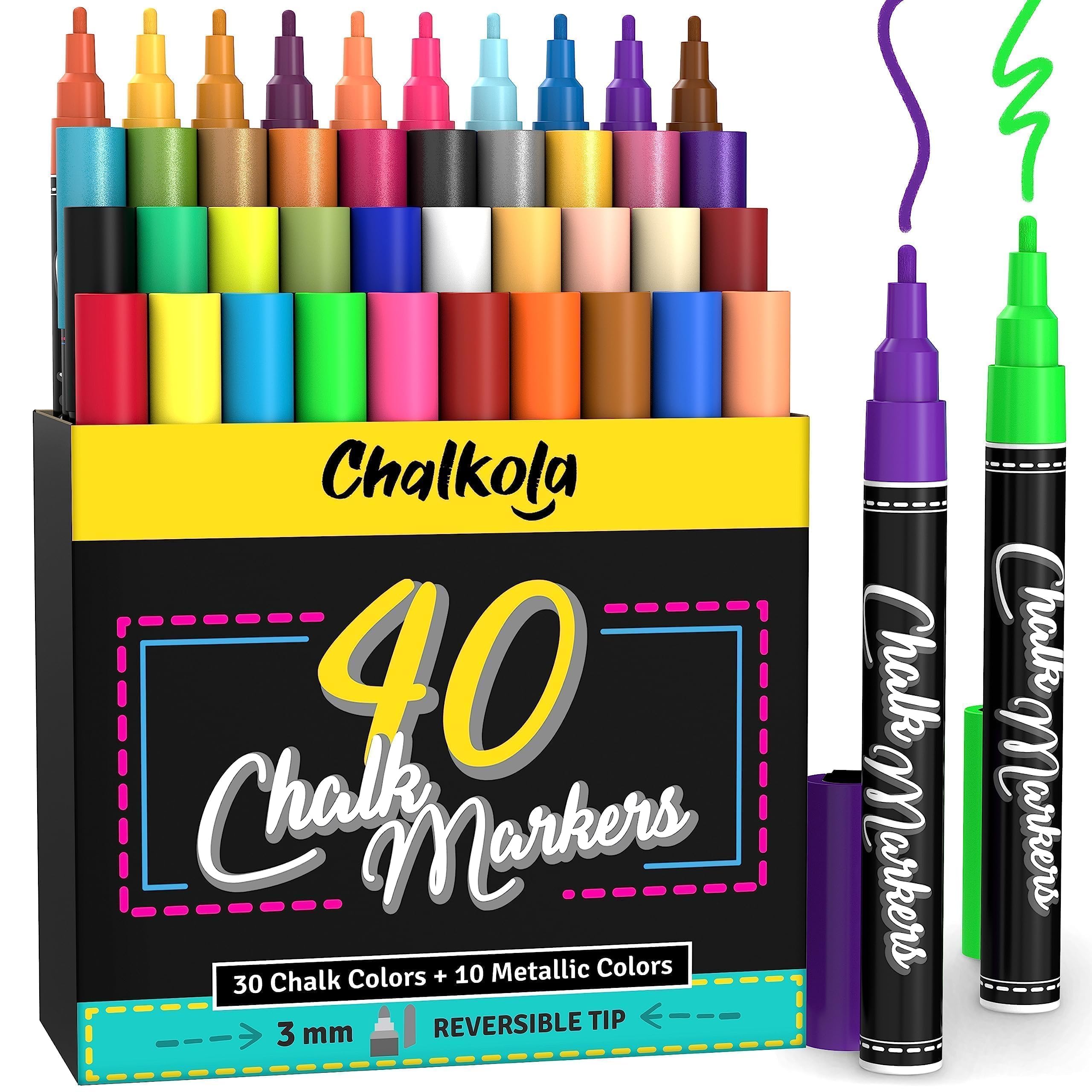 40 Pack Fine Tip Chalk Markers - Neon, Classic & Metallic Colors - 3mm Reversible Tip Chalkboard Pens for Blackboard, Windows, Glass, Labels & Bistro Signs - Wet Wipe Erasable - Perfect for Restaurants, Cafes, Classrooms & DIY Projects