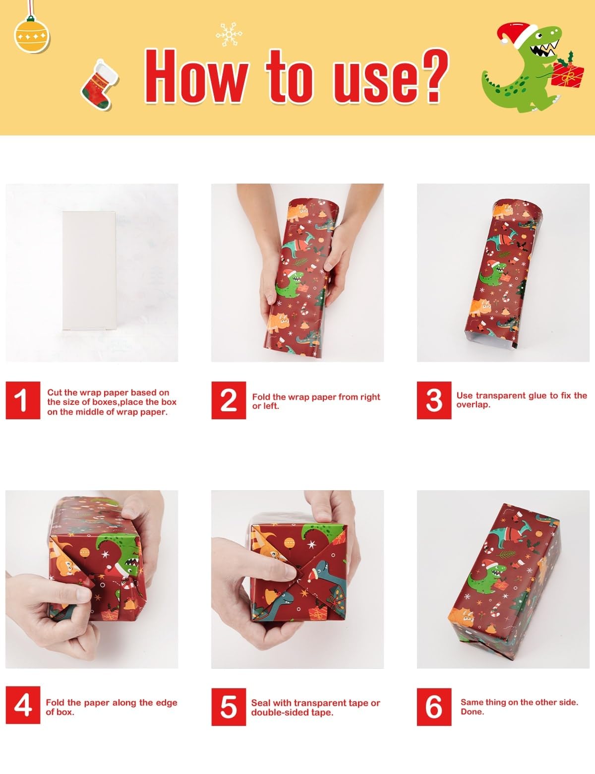 WERNNSAI Christmas Wrapping Paper for Kids - 3 Rolls Dinosaur Themed Holiday Gift Wrap (17