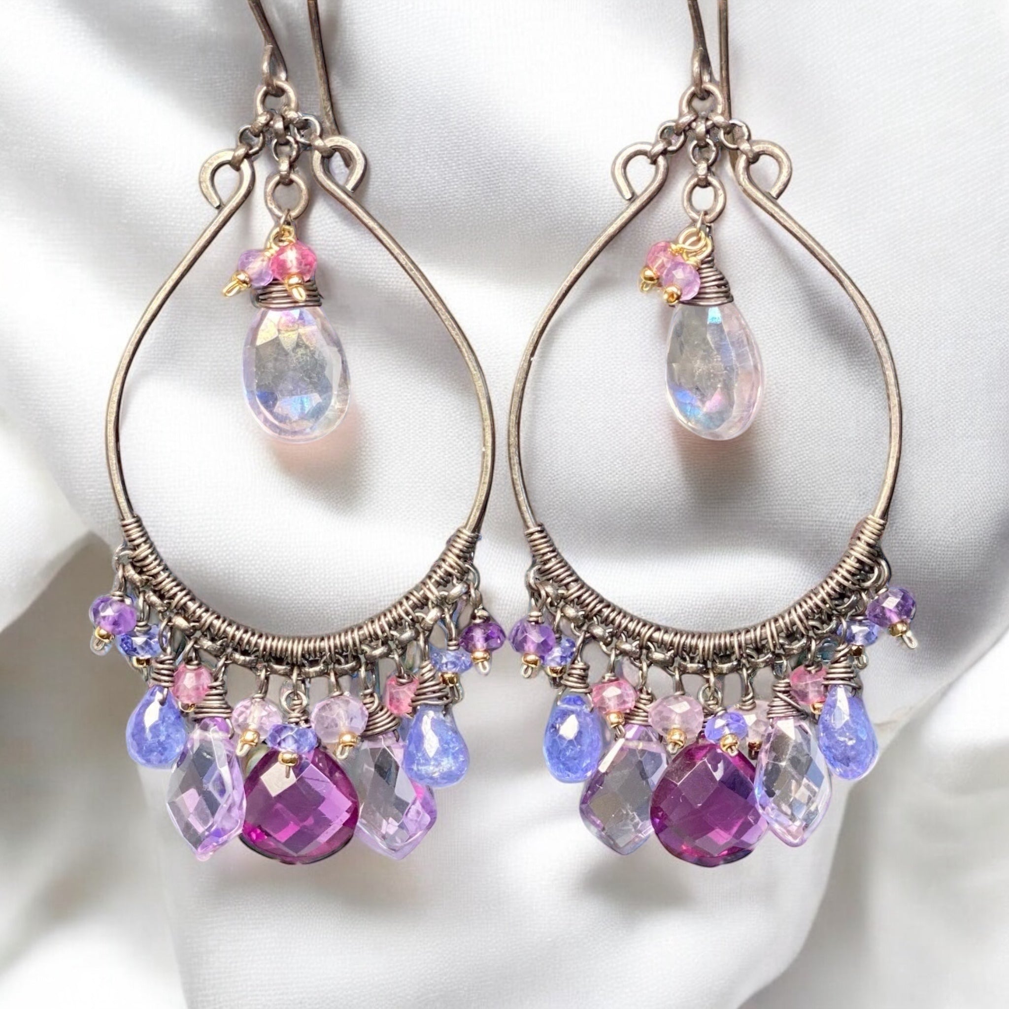 Blue Violet Statement Chandelier Hoop Earrings in Oxidized Silver - Elegant Dangle Earrings for Women, Perfect for Parties, Weddings & Special Occasions