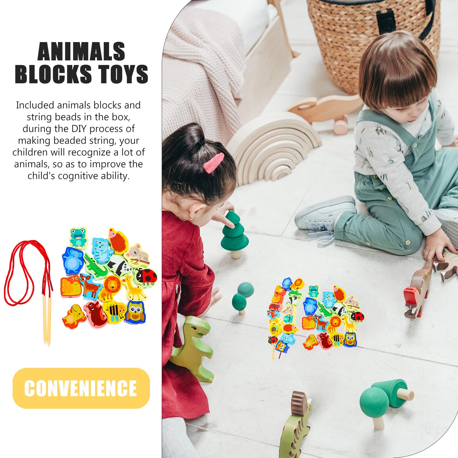 Montessori Wooden Animal Beads Threading Toy Set - Educational Toddler Beading Activity for Fine Motor Skills Development | Perfect for Preschool Learning, Daycare Centers & Home Playtime