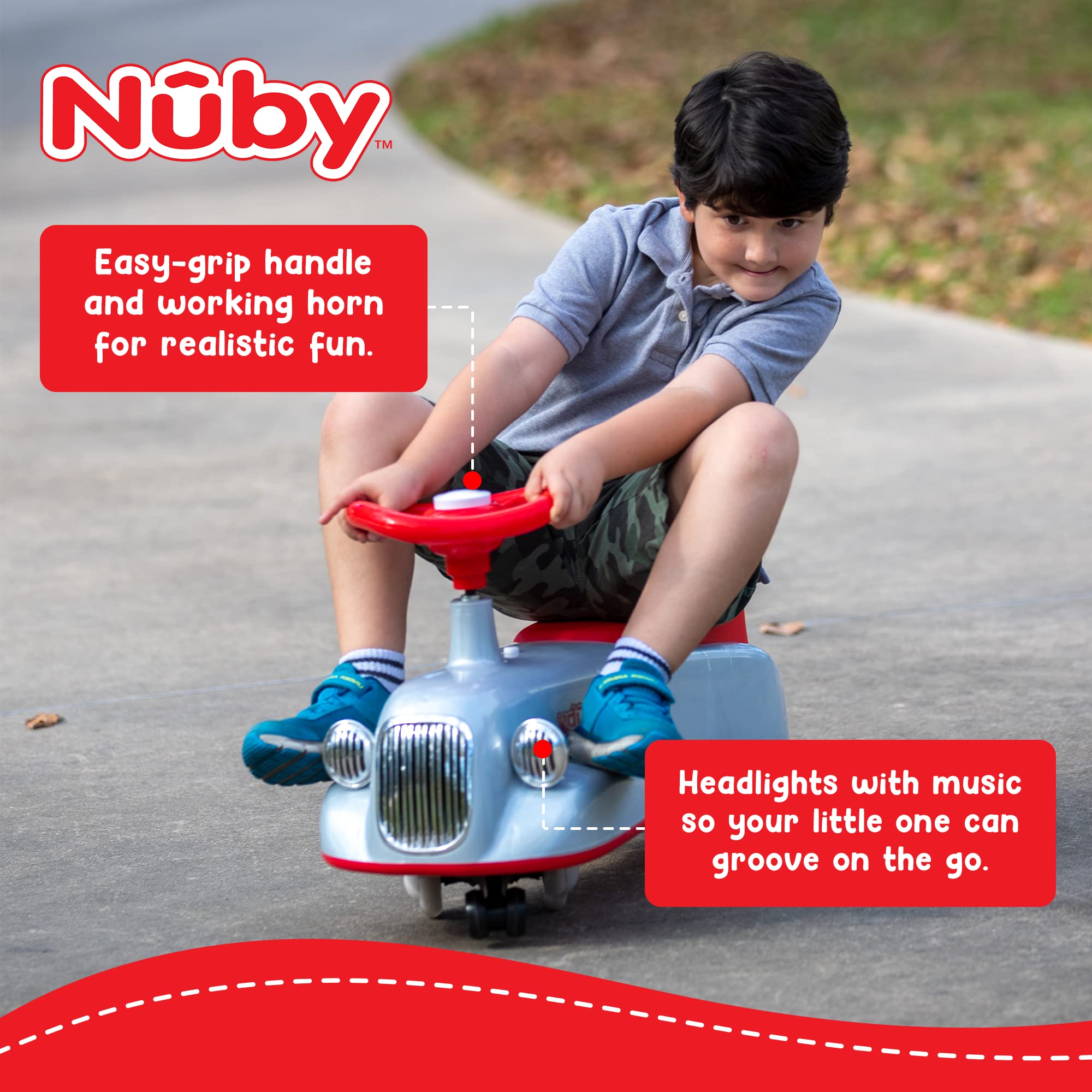 **Nuby Twist N Ride Classic Ride-On Car for Toddlers - Interactive Light-Up Scooter with Realistic Front & Back Lights & Music - Fun Riding Toy for Kids Ages 3+ (Red & Grey) - Perfect for Indoor Play, Outdoor Adventures & Birthday Gifts**