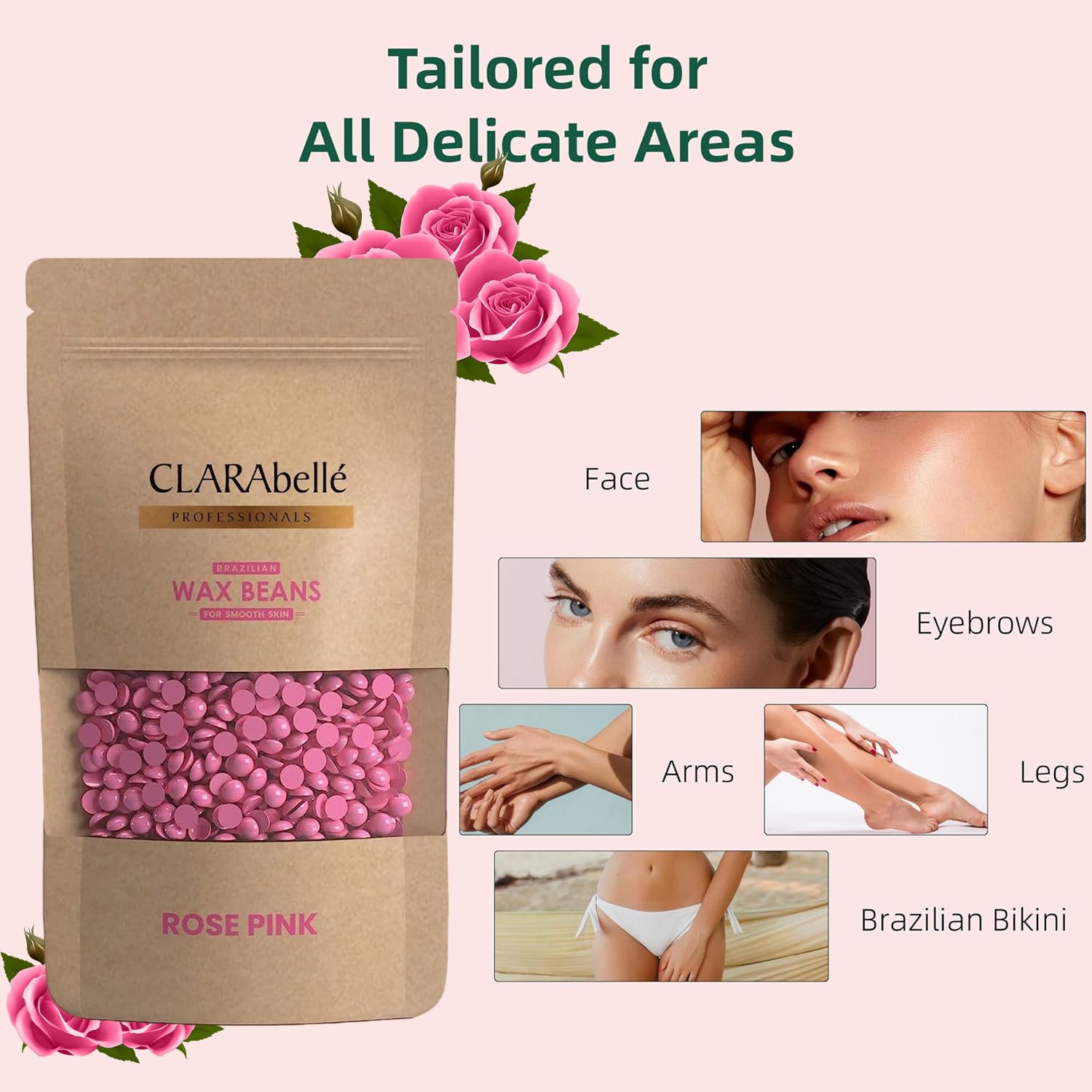 CLARABELLE PROFESSIONALS Unisex Hard Wax Beans for Hair Removal - Rose Pink Stripless Wax, Painless & Gentle for Smooth Skin (50g) | Ideal for Upper Lip, Arms, Legs, Bikini & Full Body Waxing at Home or Salon