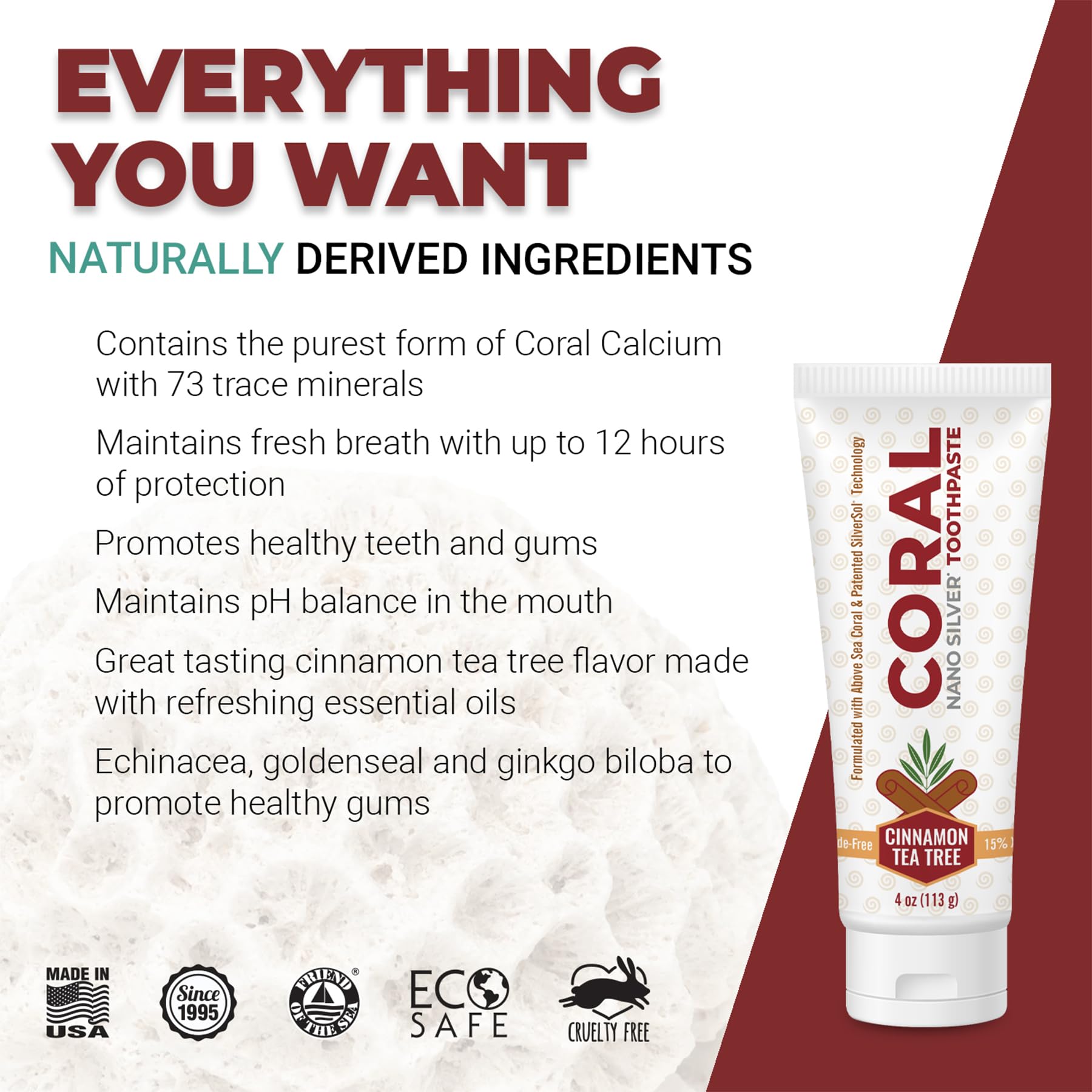 **Natural Coral Nano Silver Cinnamon Tea Tree Toothpaste - Fluoride-Free Teeth Whitening, SLS-Free with Coral Calcium & Nano Silver (4 oz) - Fresh Breath for Sensitive Teeth & Gum Care**