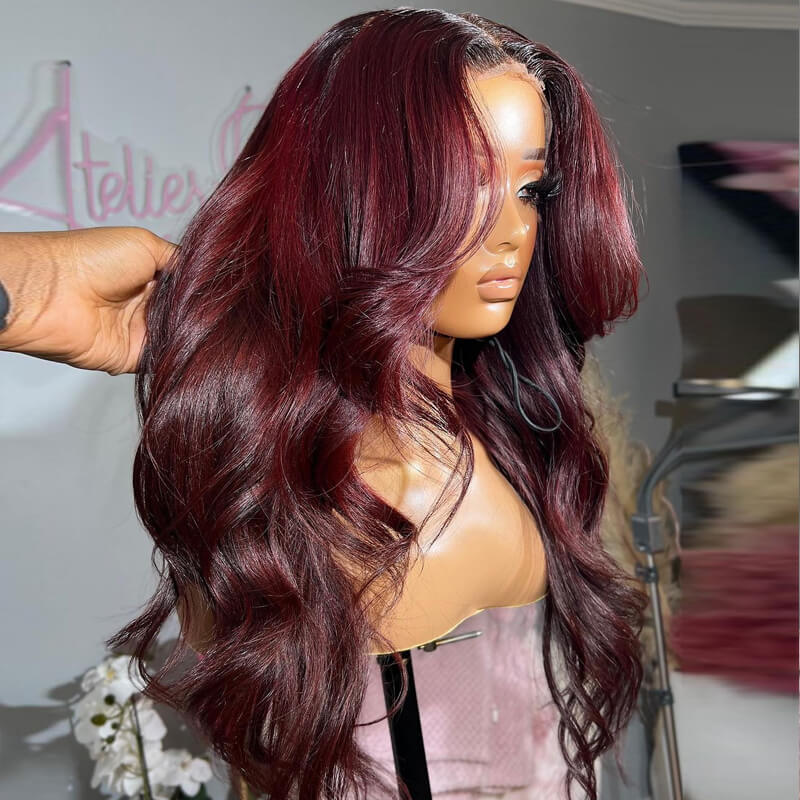 Eullair Pre-Colored Blue 99J Burgundy Layered Cut Body Wave Human Hair Wig with Curtain Bangs | Lace Front Wig for Women | Perfect for Cosplay, Daily Wear & Special Occasions