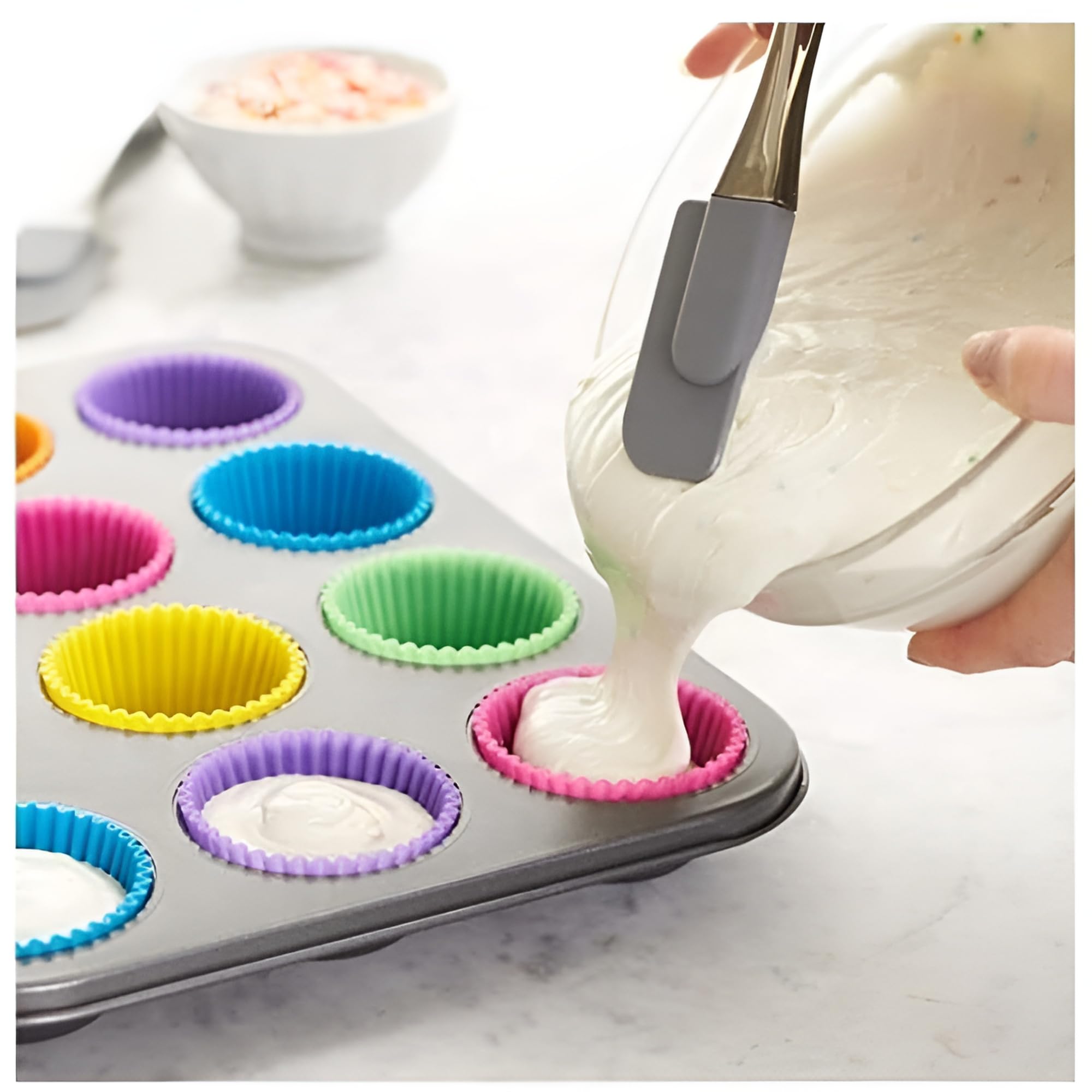 Flossymart Reusable Silicone Cupcake Liners - Non-Stick Baking Muffin Cupcake Molds, Standard Size, 6 Vibrant Colors (Set of 12) - Perfect for Baking Cupcakes, Muffins, Desserts & Party Treats