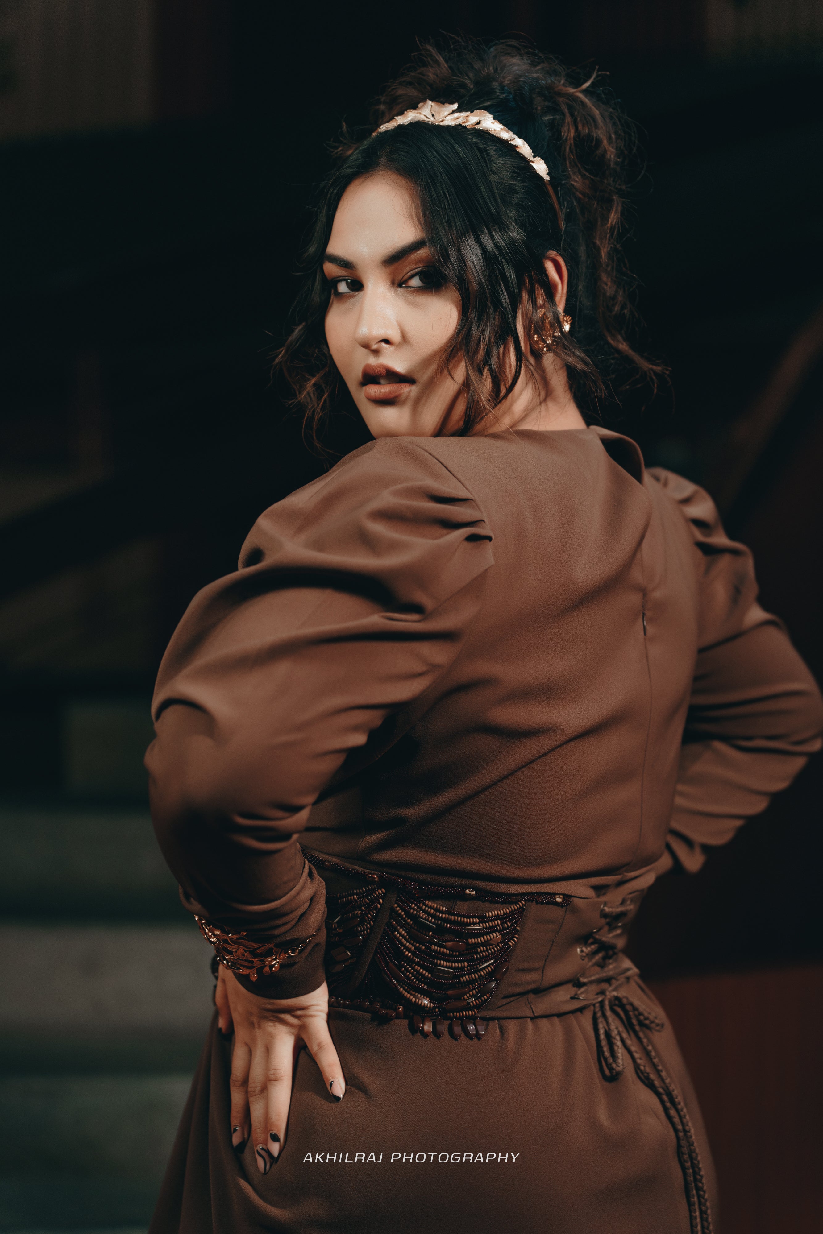 Sakshi Sindhwani Dark Tan Corset Dress with High Slit - Elegant Evening Gown for Parties, Weddings & Special Occasions