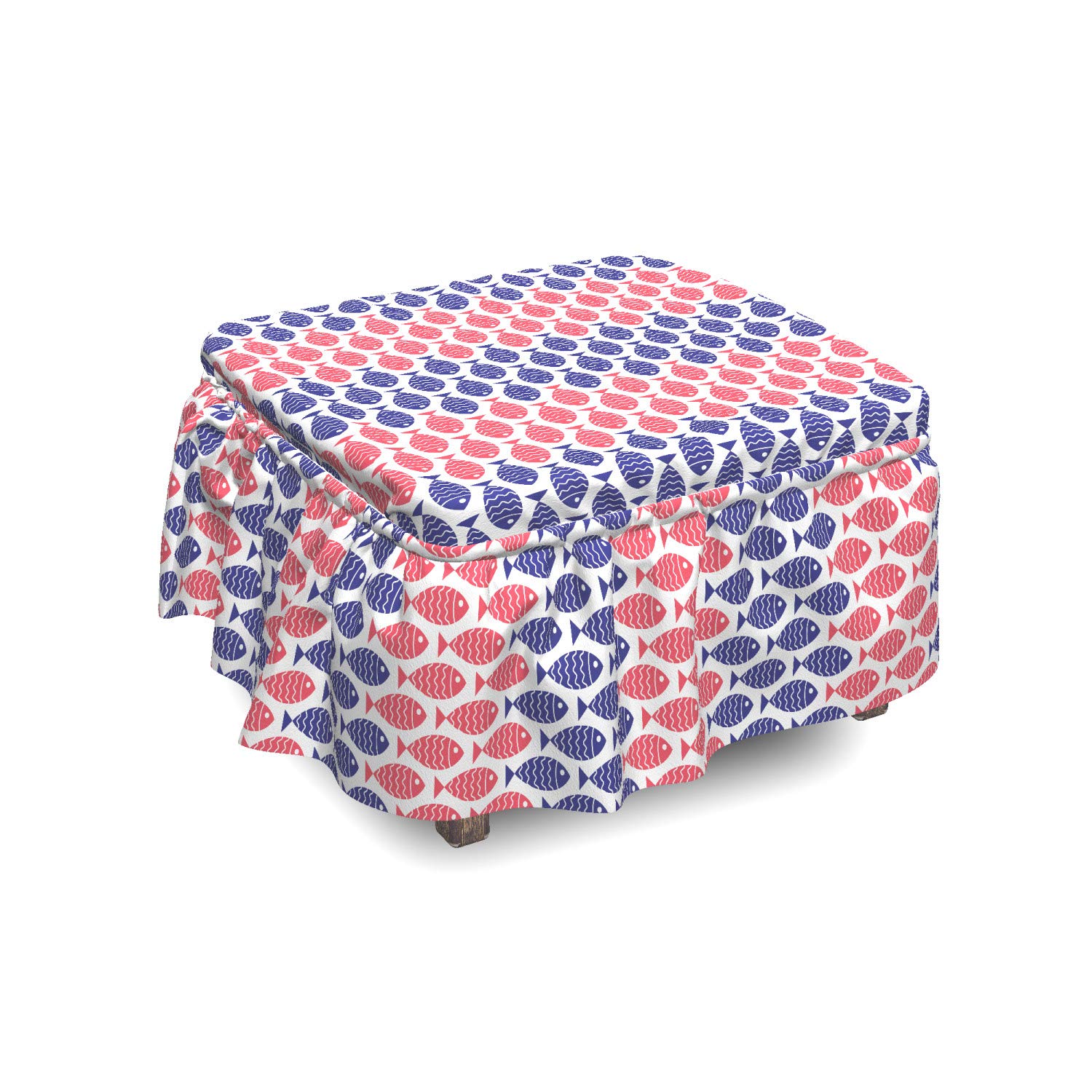 Ambesonne Fish Ottoman Cover 2-Piece Set - Nautical Fish Theme Design with Ruffle Skirt for Square, Round & Cube Footstools | Standard Size Red & Navy Blue Home Decor | Perfect for Living Room, Bedroom & Coastal-Themed Spaces
