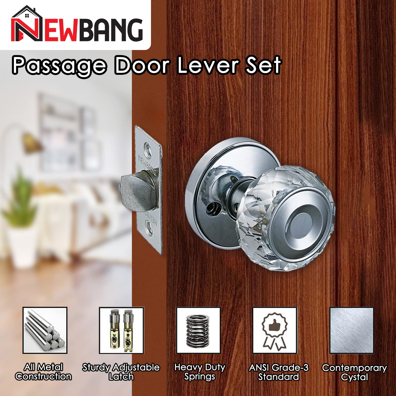 Crystal Glass Door Knob with Chrome Finish - Passage, Hall & Closet Door Handle (ZSCY-HDC32CP-PS-6P) - Perfect for Bedrooms, Bathrooms & Interior Doors