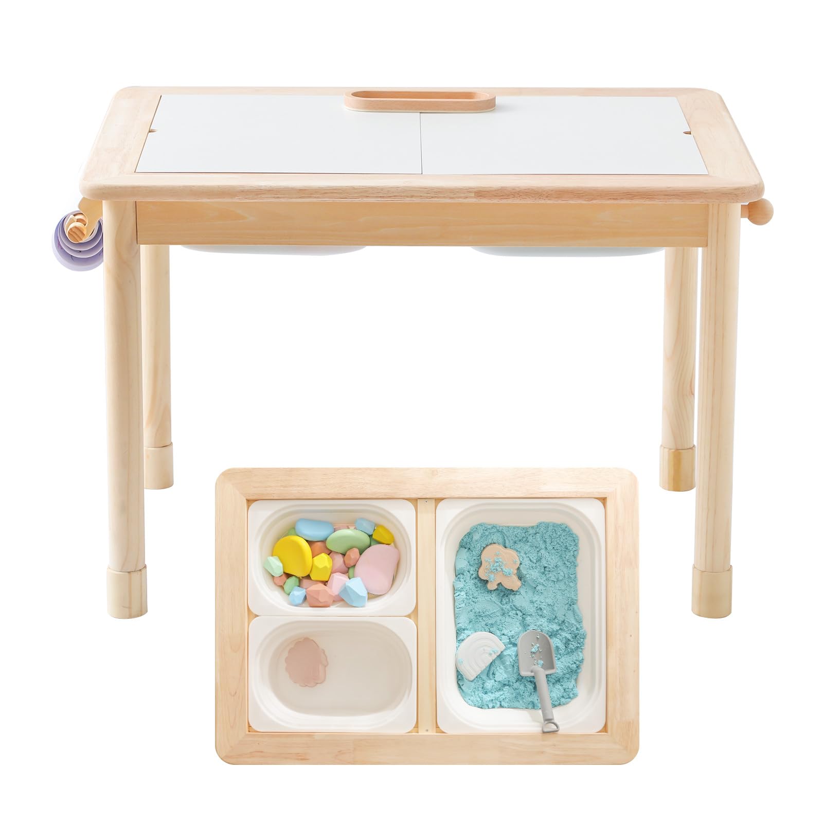 IEATFO Rubber Wood Montessori Sensory Table for Kids - Foldable Storage Bins, Adjustable Height, Reinforced Frame - Multifunctional Activity Table for Sensory Play & Learning - Perfect for Preschool, Daycare & Home Playroom