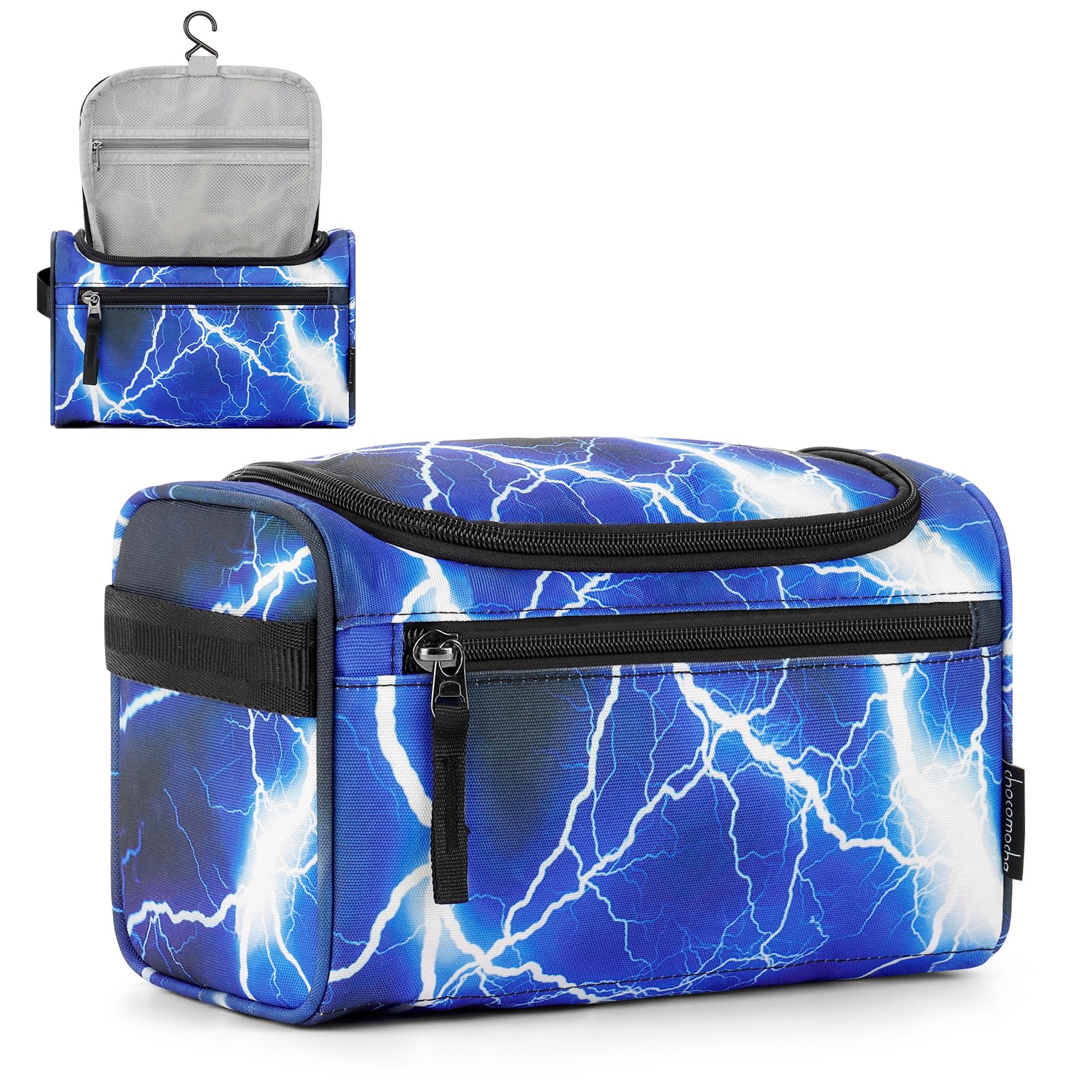 Choco Mocha Waterproof Hanging Toiletry Bag for Boys - Travel Cosmetic Organizer with Lightning Blue Design | Perfect for Kids' Travel, Camping & Sleepovers