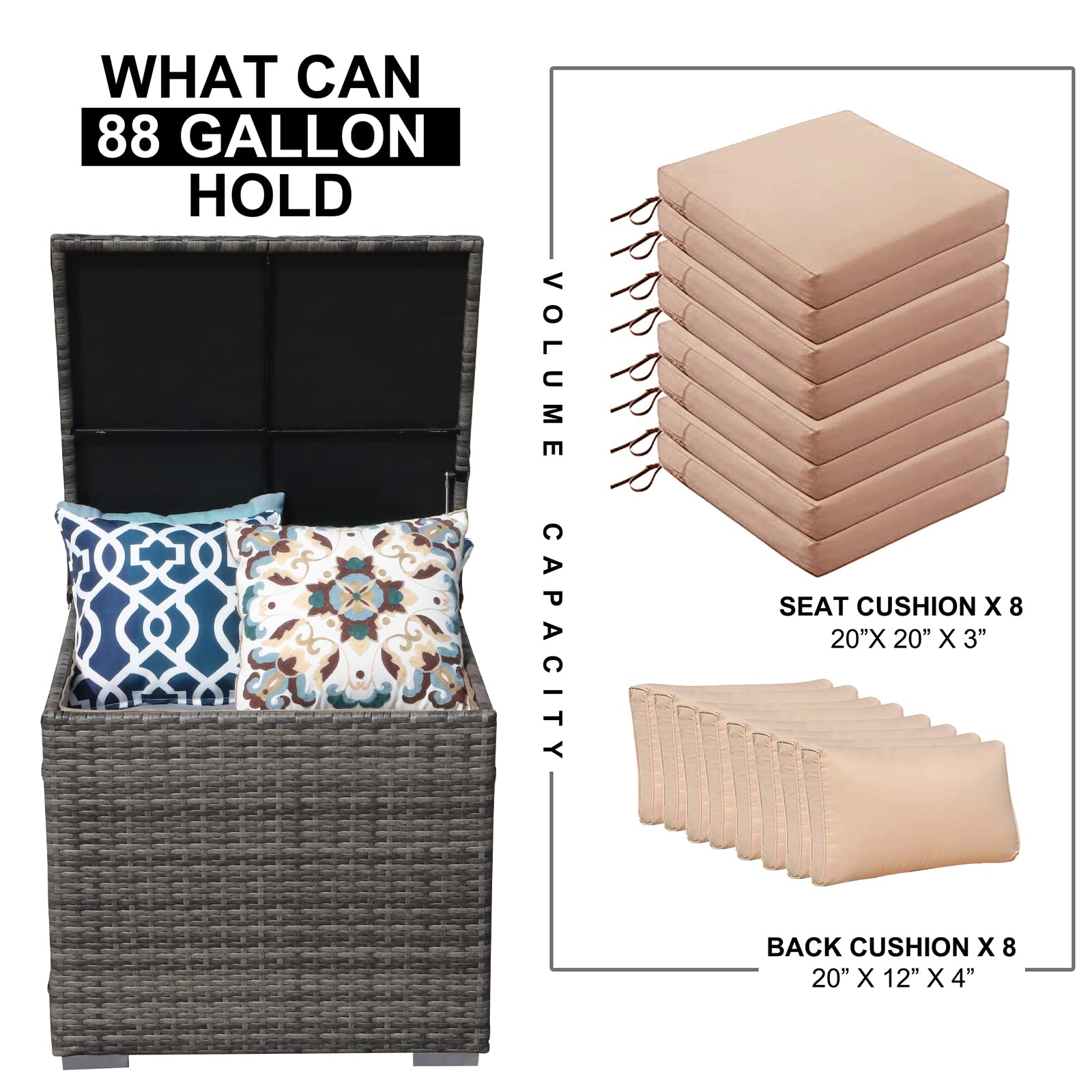 88 Gallon Waterproof Wicker Patio Storage Box - Outdoor Deck Box for Cushions, Garden Tools & Accessories | Weather-Resistant Gray Storage Bin for Backyard, Poolside & Patio Organization