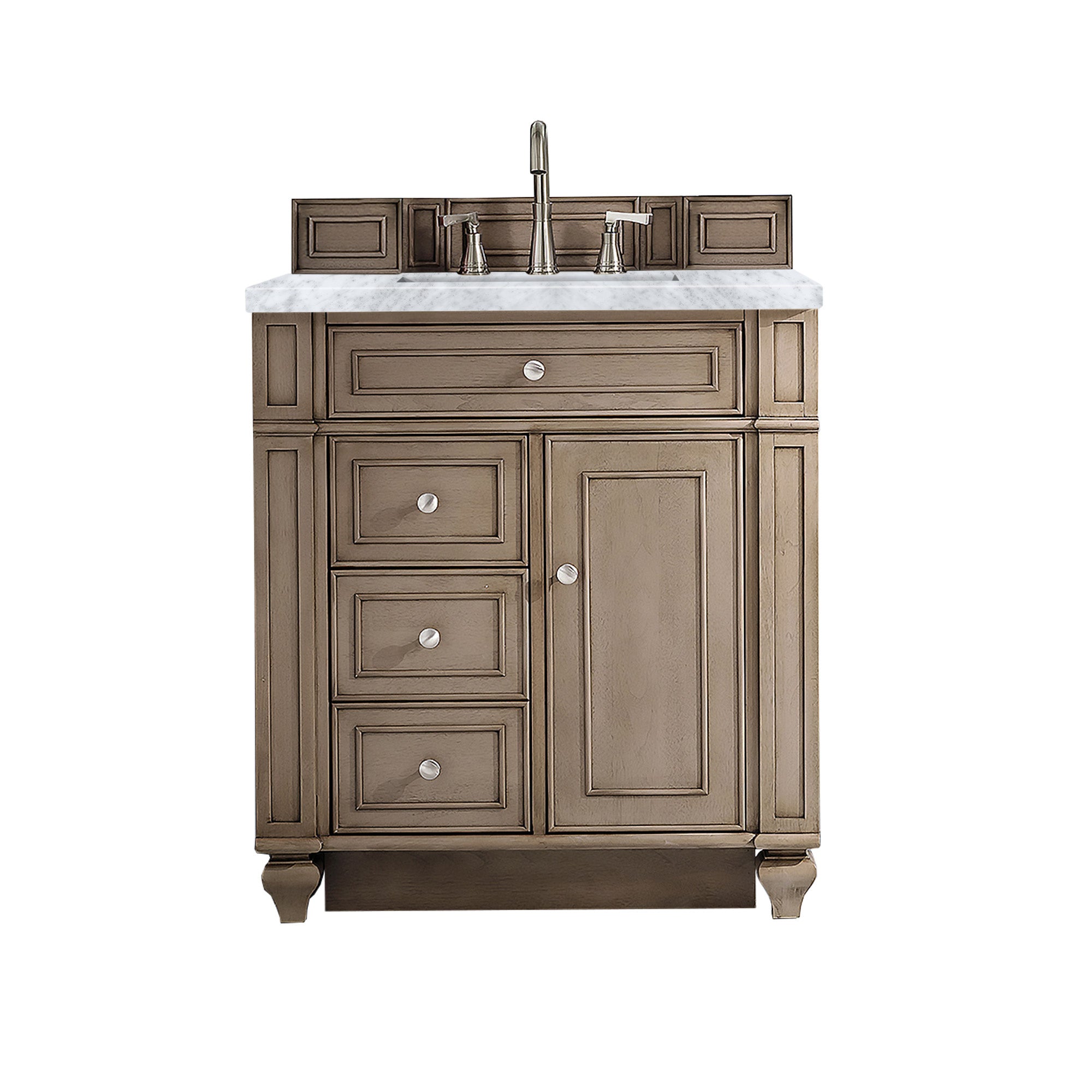 Bristol 30-Inch Single Bathroom Vanity Set - Whitewashed Walnut Finish with 3CM Carrara Marble Countertop | Perfect for Modern Farmhouse & Coastal Bathroom Designs