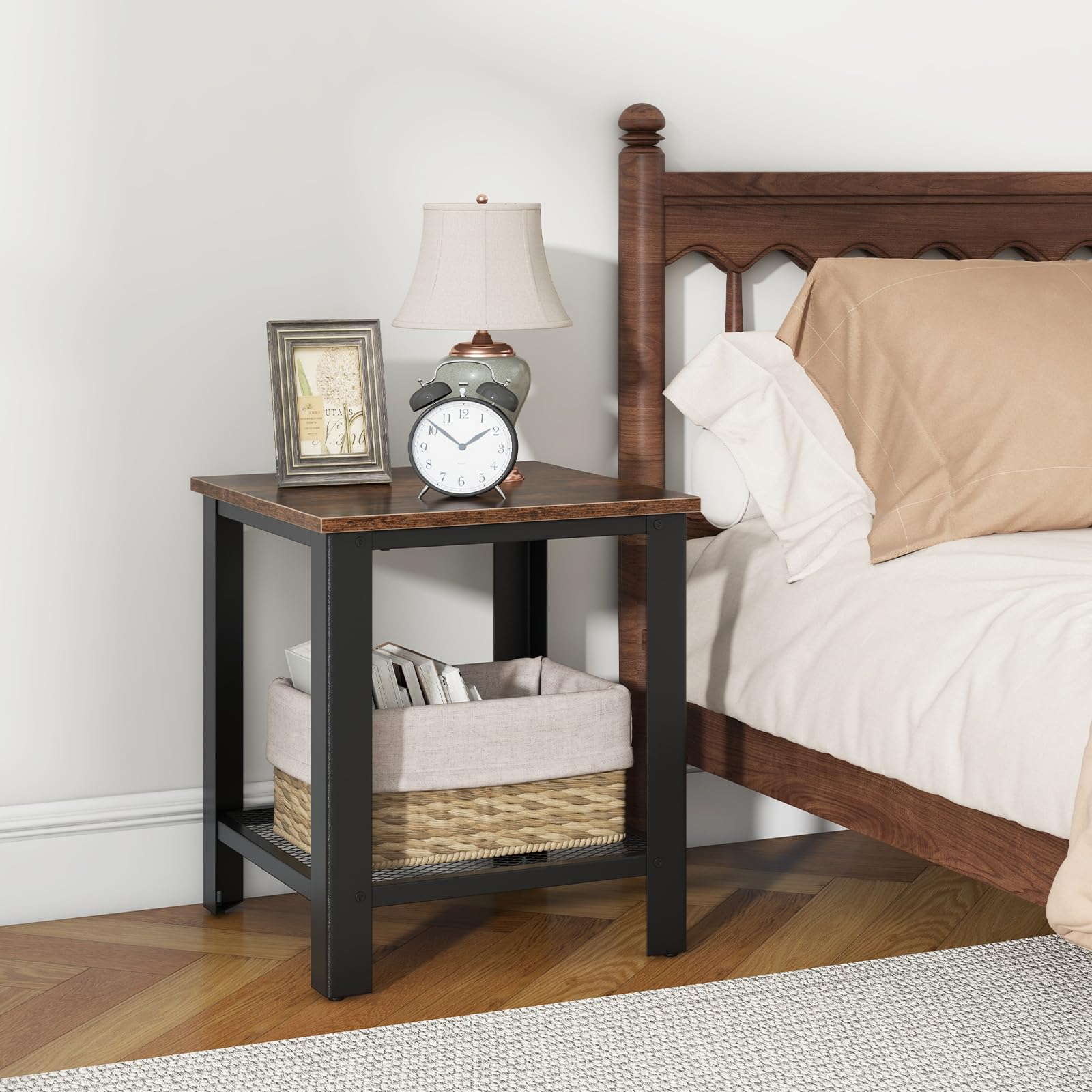 Giantex 2-Tier End Table Set of 2, 16 Inch Small Side Table with Mesh Storage Shelf, Industrial Telephone Table with Heavy-Duty Metal Frame, Square Sofa Table for Small Space Living Room, Rustic Brown - Perfect for Living Room, Bedroom, or Office Use